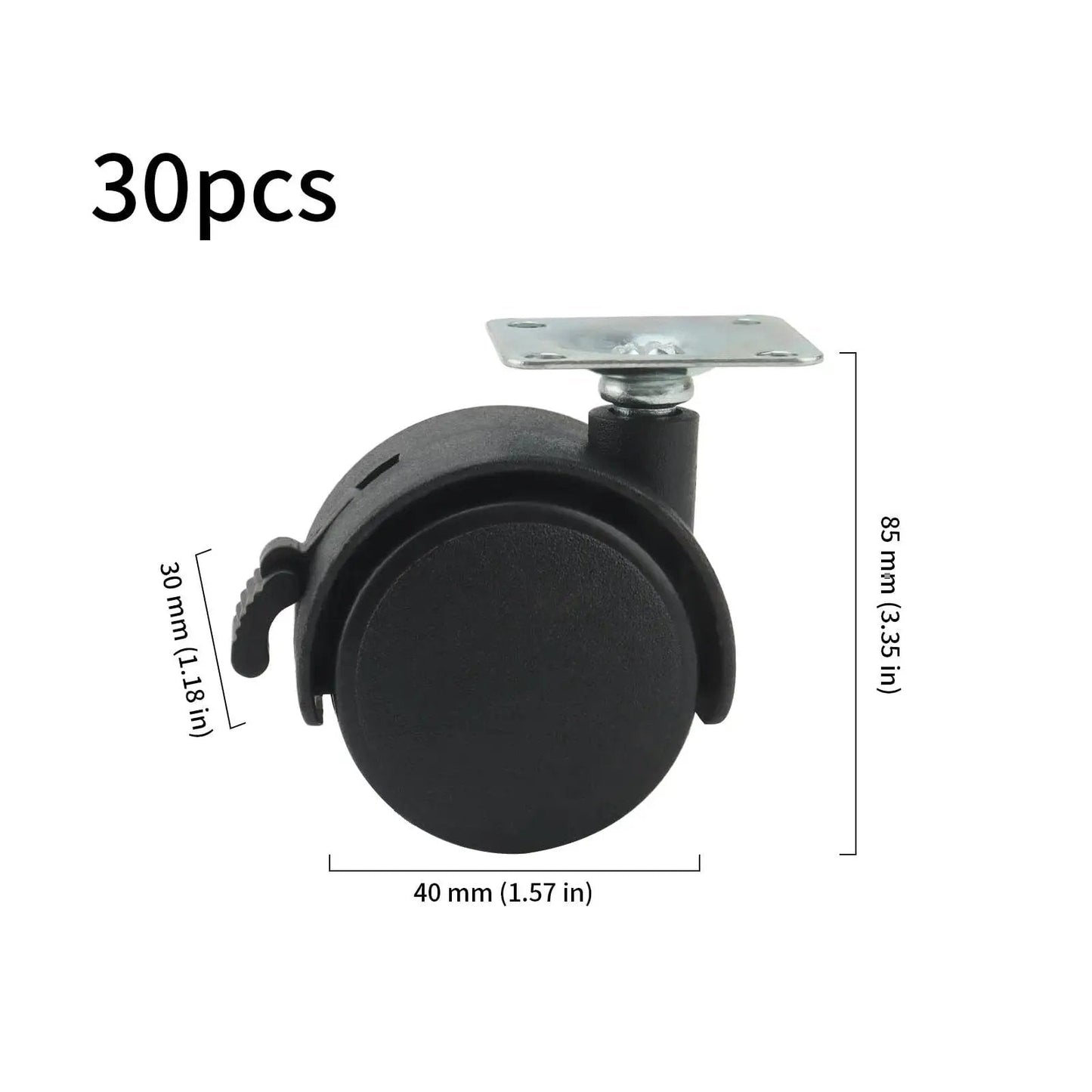 30 Pcs 1.5 Inch Swivel Caster Wheels With Brake Nylon Plate Casters 360 Degree Rotation side view with dimensions