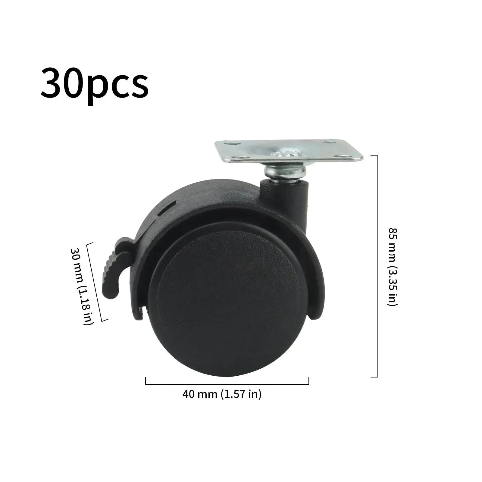 30 Pcs 1.5 Inch Swivel Caster Wheels With Brake Nylon Plate Casters 360 Degree Rotation side view with dimensions