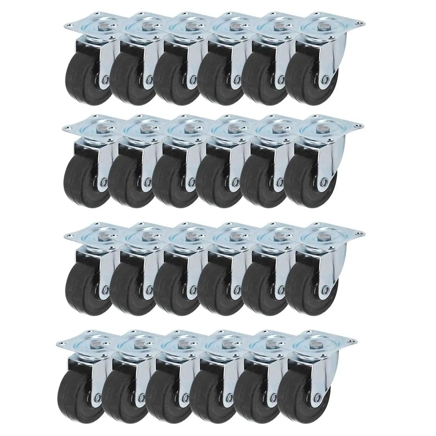 Heavy Duty Swivel Caster Wheels 24 Pack 2 Inch Rubber Base With Top Plate And Bearing Each Wheel Supports 25KG shown in multiple rows