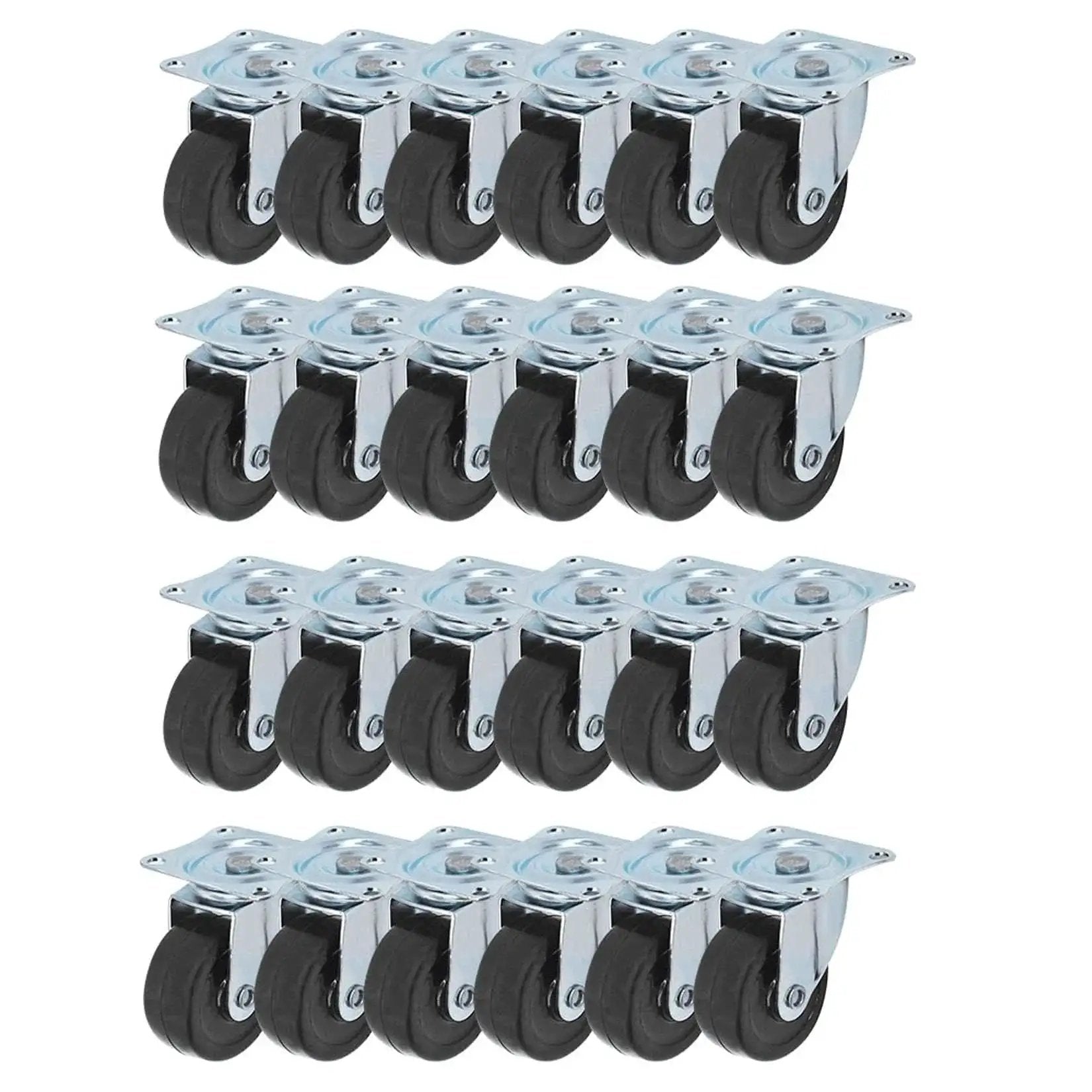 Heavy Duty Swivel Caster Wheels 24 Pack 2 Inch Rubber Base With Top Plate And Bearing Each Wheel Supports 25KG shown in multiple rows
