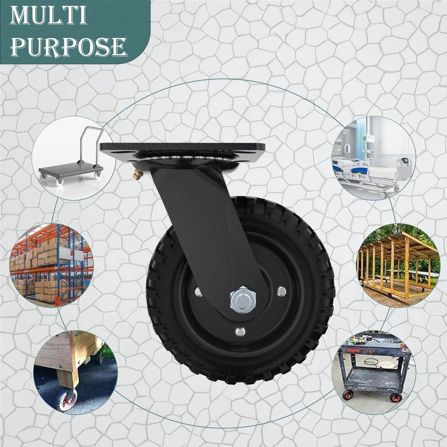 ✝️ Swivel heavy duty caster wheel, 6 inch*2, 800lb capacity, black rim, solid rubber, cast iron, outdoor, flat free for carts