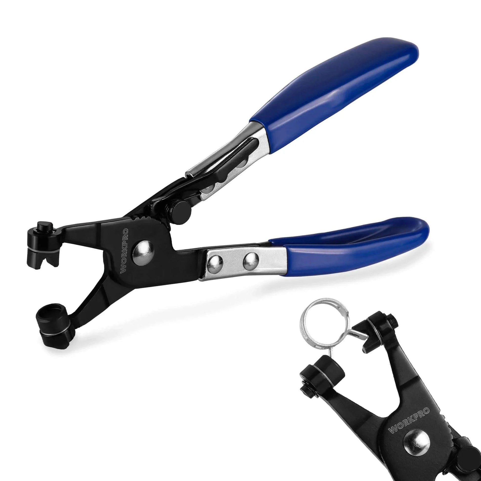 Hose Clamp Pliers With Swivel Flat Band For Easy Removal And Installation Of Spring Hose Clamps In Automotive Fuel Oil And Water Hoses Flexible Jaws Rotating Tip For Narrow Space Access One Point Nine Seven Inch Opening Labor Saving Tool with blue handles.