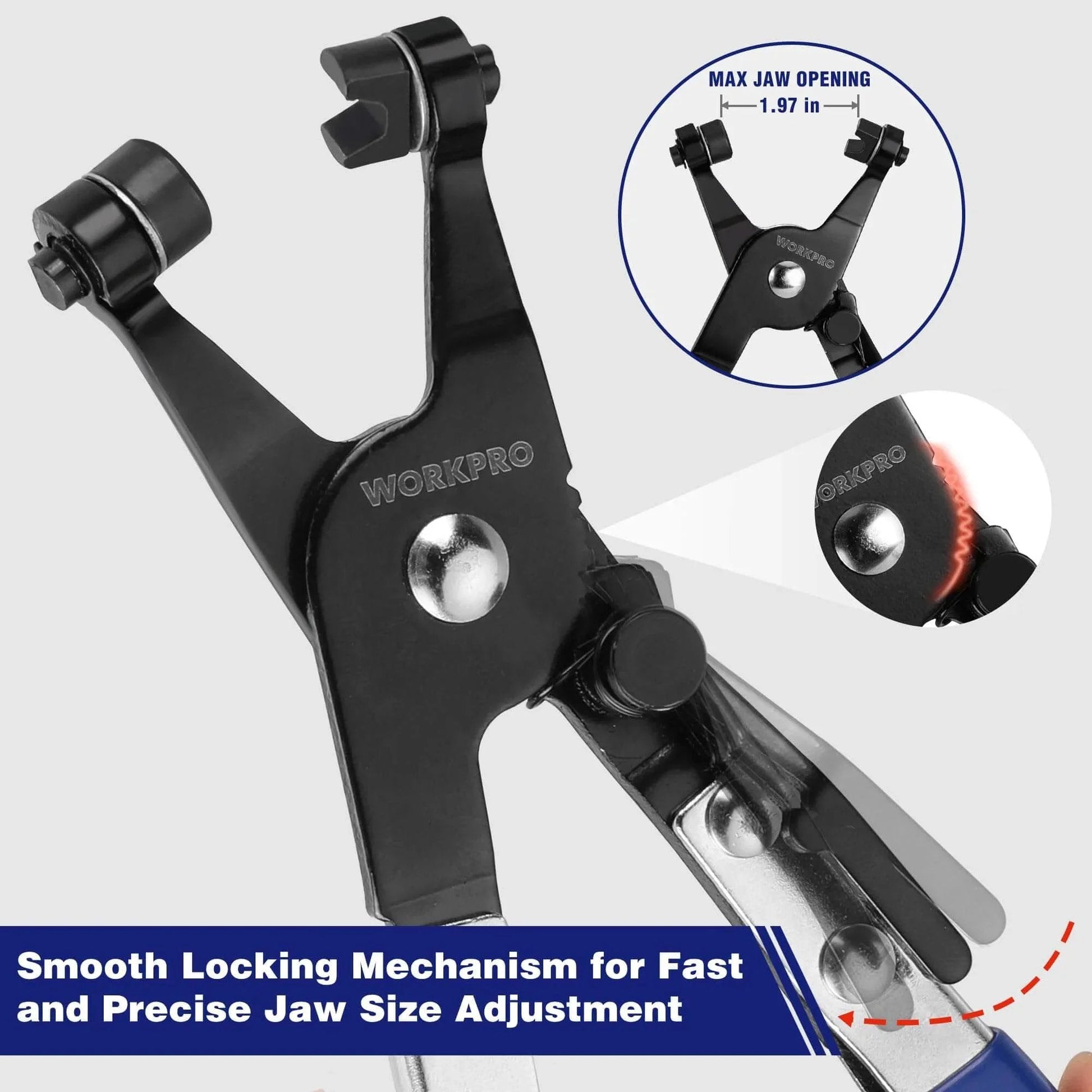 Hose Clamp Pliers With Swivel Flat Band For Easy Removal And Installation Of Spring Hose Clamps In Automotive Fuel Oil And Water Hoses Flexible Jaws Rotating Tip For Narrow Space Access One Point Nine Seven Inch Opening Labor Saving Tool