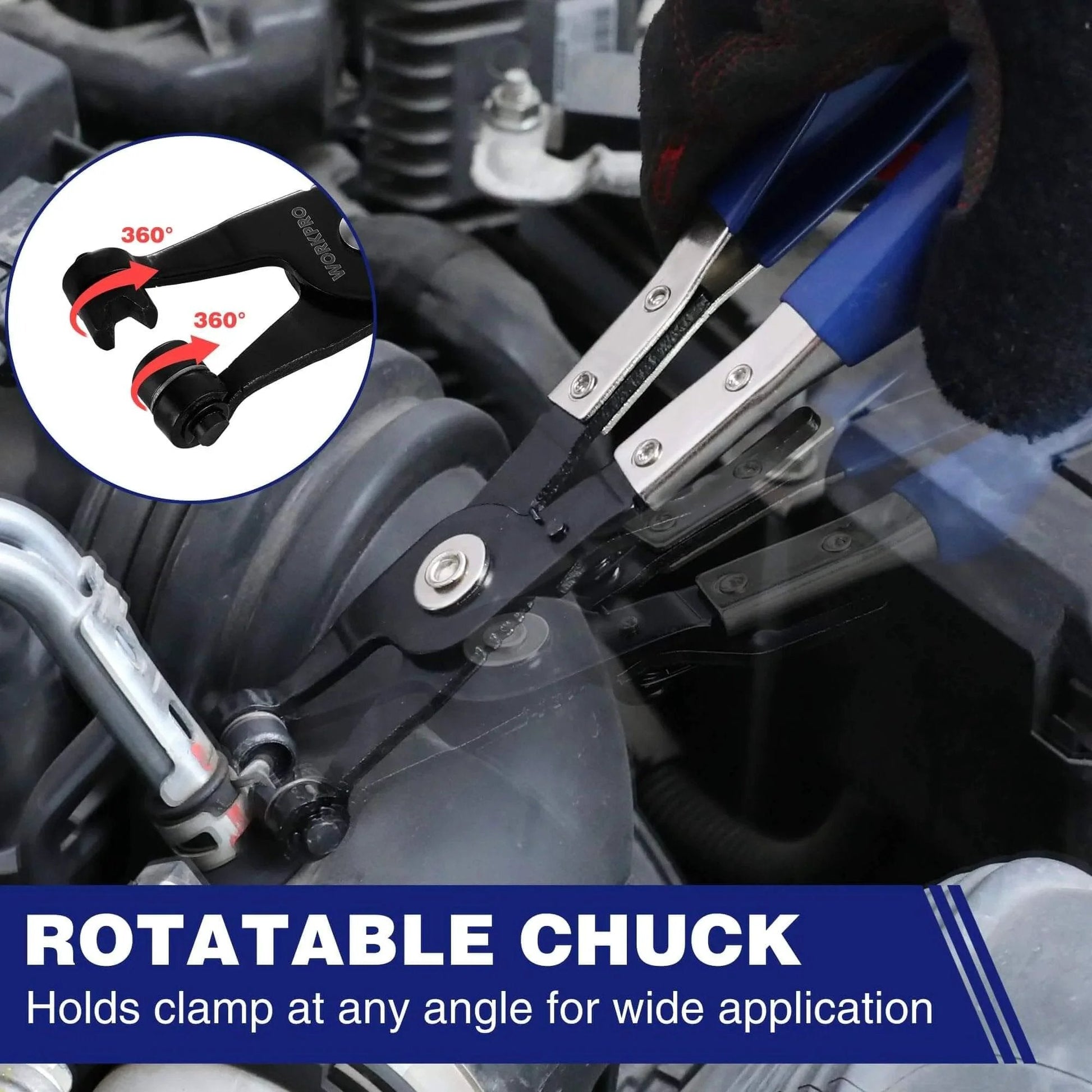 Hose Clamp Pliers With Swivel Flat Band For Easy Removal And Installation Of Spring Hose Clamps In Automotive Fuel Oil And Water Hoses Flexible Jaws Rotating Tip For Narrow Space Access One Point Nine Seven Inch Opening Labor Saving Tool in use on an engine part.