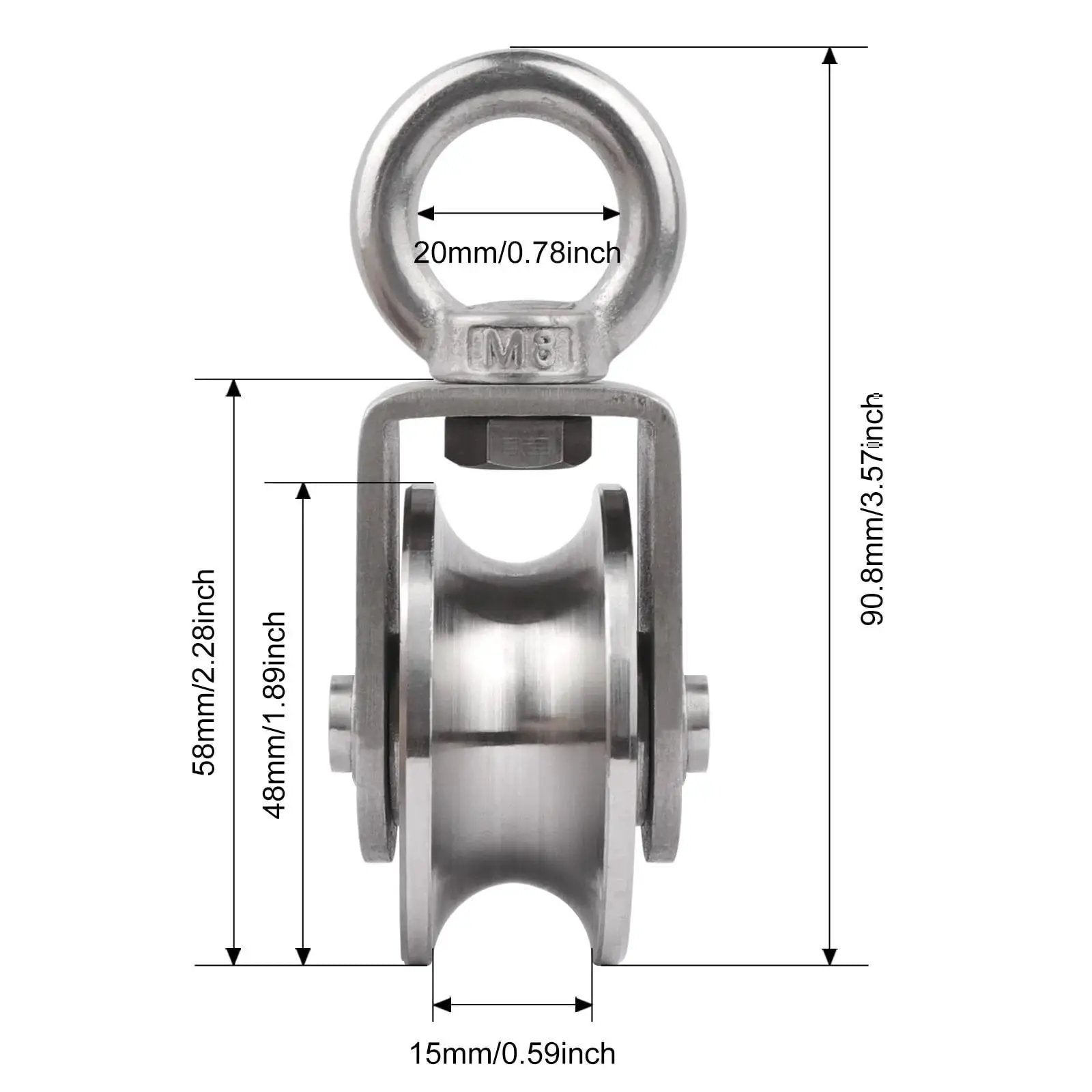 Front view of Swivel Pulley Block With Bearing Inside 304 Stainless Steel Heavy Duty Cable Wheel for Gym Pulley System 48mm 2 Pack