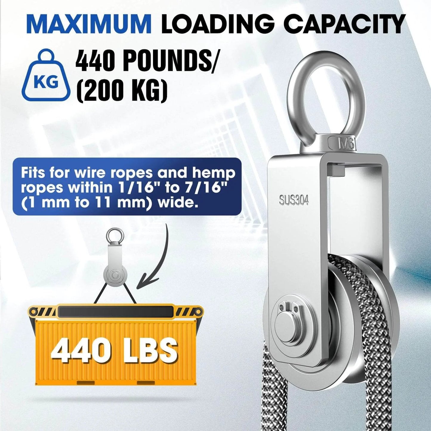 U Type Swivel Pulley Block, 304 Stainless Steel Pulleys for Wire Rope Cable Lifting, maximum 200 kg load capacity.