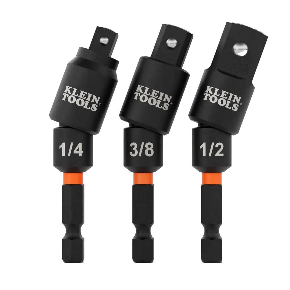 Front view of Go To Three Piece Swivel Socket Adapter Set For Impact Drivers To Quarter Inch, Three Eighths Inch And Half Inch Square Drives With Twenty Degree Swivel