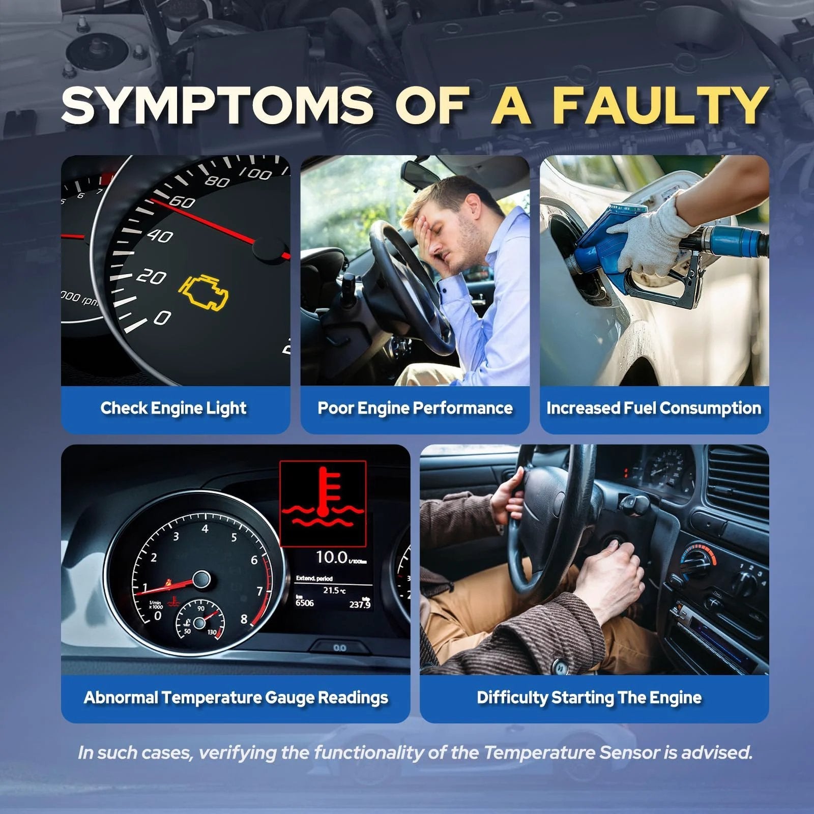 Symptoms of a faulty Engine Coolant Temperature Sensor with warning lights and performance issues.