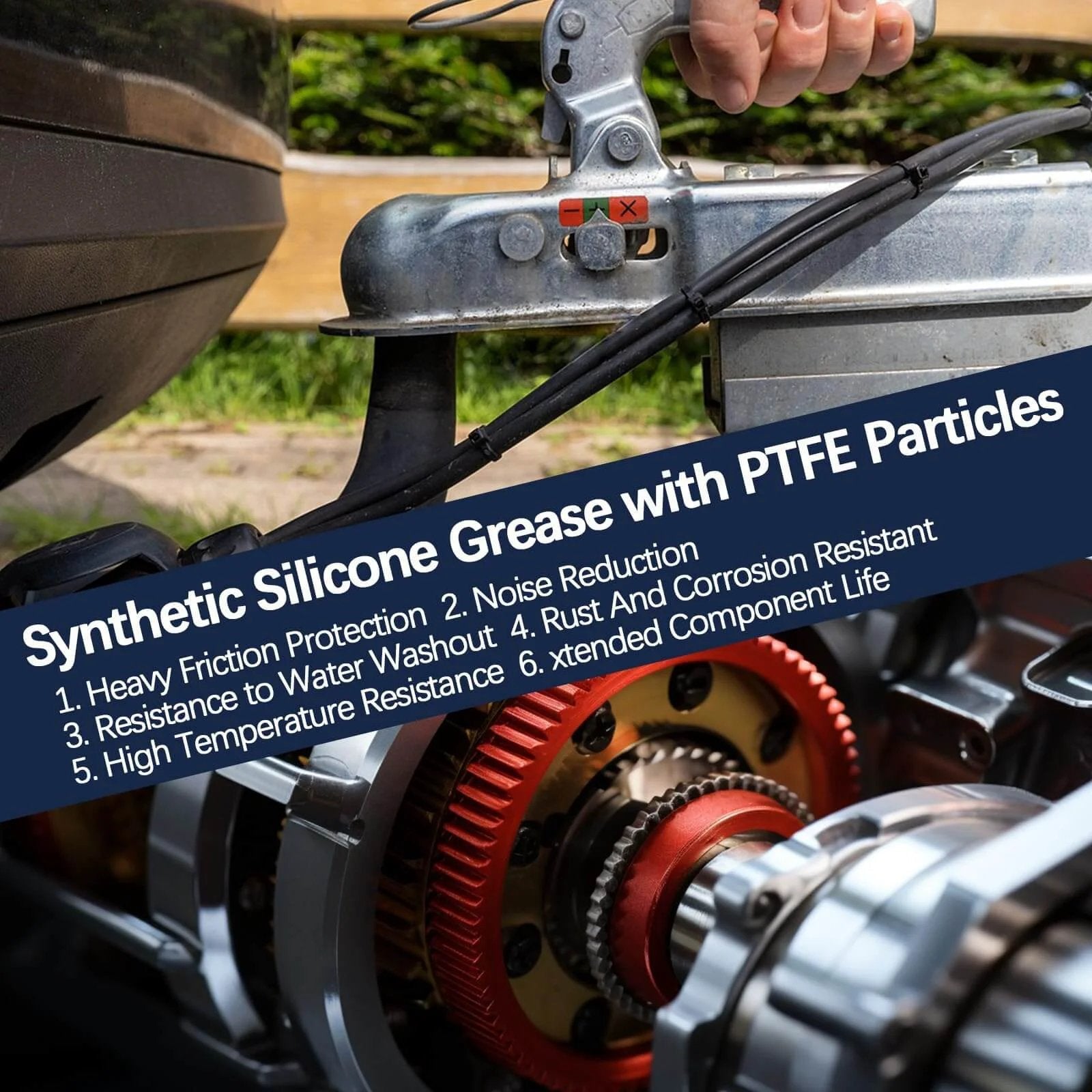 BTAS Dielectric Grease for Electrical Connectors Automotive Spark Plug Boot Battery Terminal Marine Dialectical Electronics Wiring Die Electric Contact Silicone Dialectric Grease 1 oz 1 Pcs being applied to machinery with benefits and features listed.