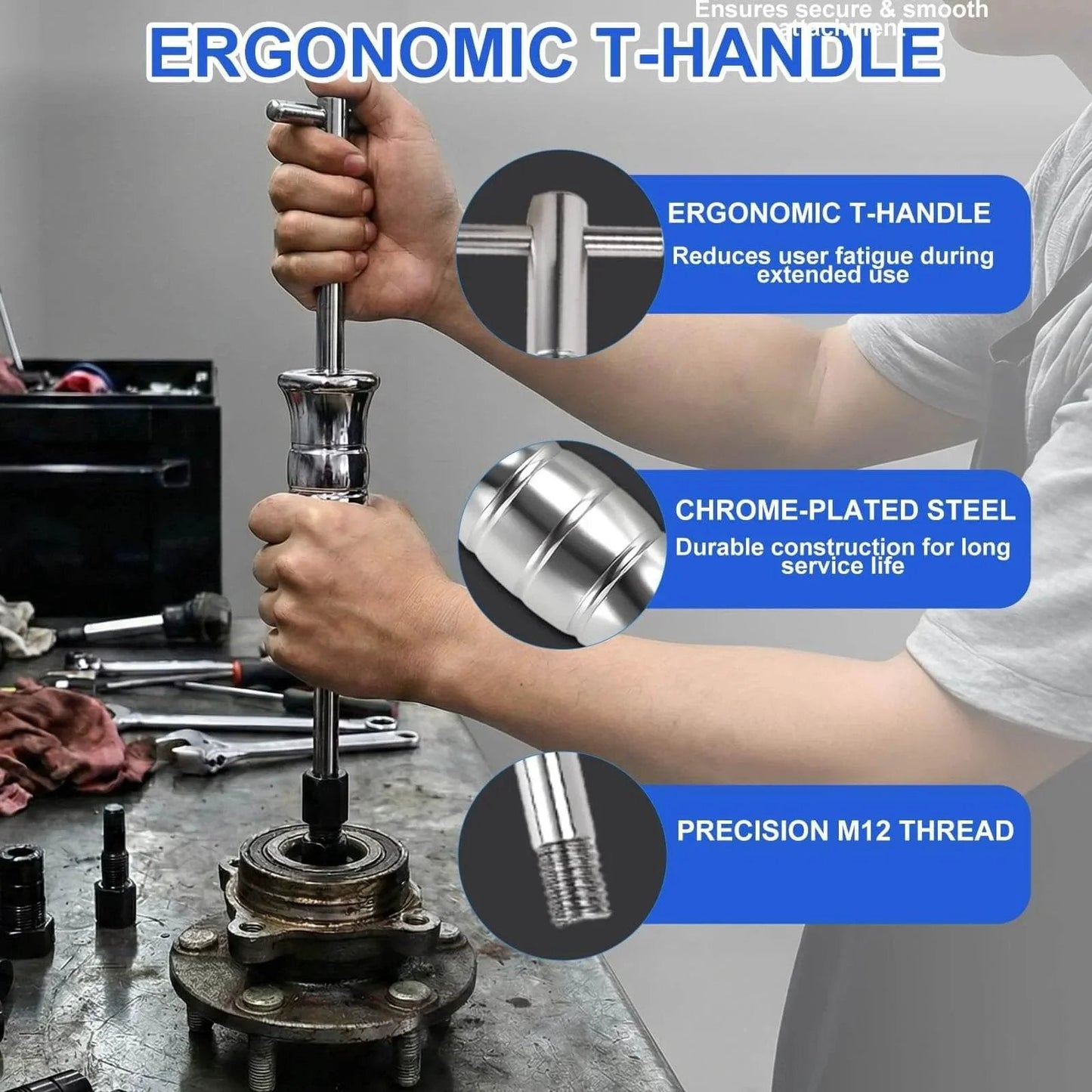 Hands using 12PCS Blind Hole Bearing Puller Set with Slide Hammer in workshop, showcasing ergonomic T-handle and chrome-plated steel.