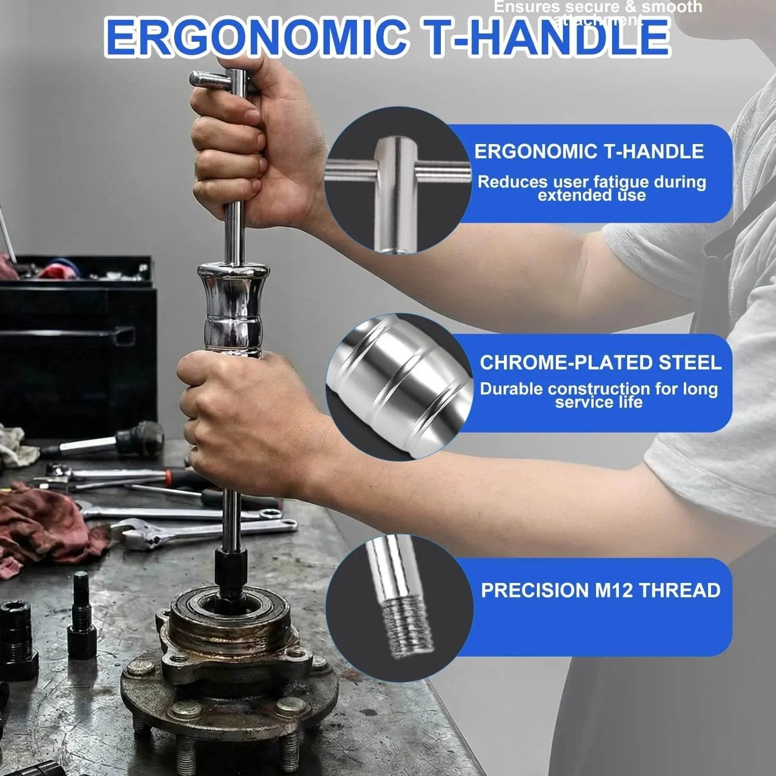 Hands using 12PCS Blind Hole Bearing Puller Set with Slide Hammer in workshop, showcasing ergonomic T-handle and chrome-plated steel.
