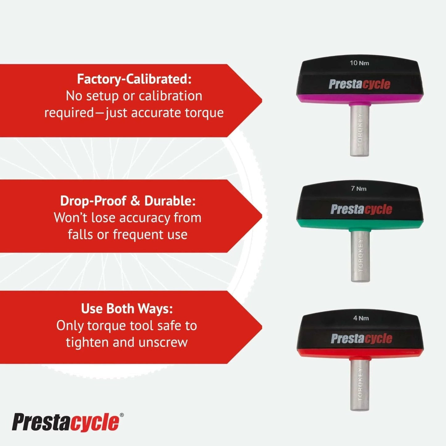 Image showing three PrestaCycle torque wrenches with varying heads beside feature highlights and a PrestaCycle logo.