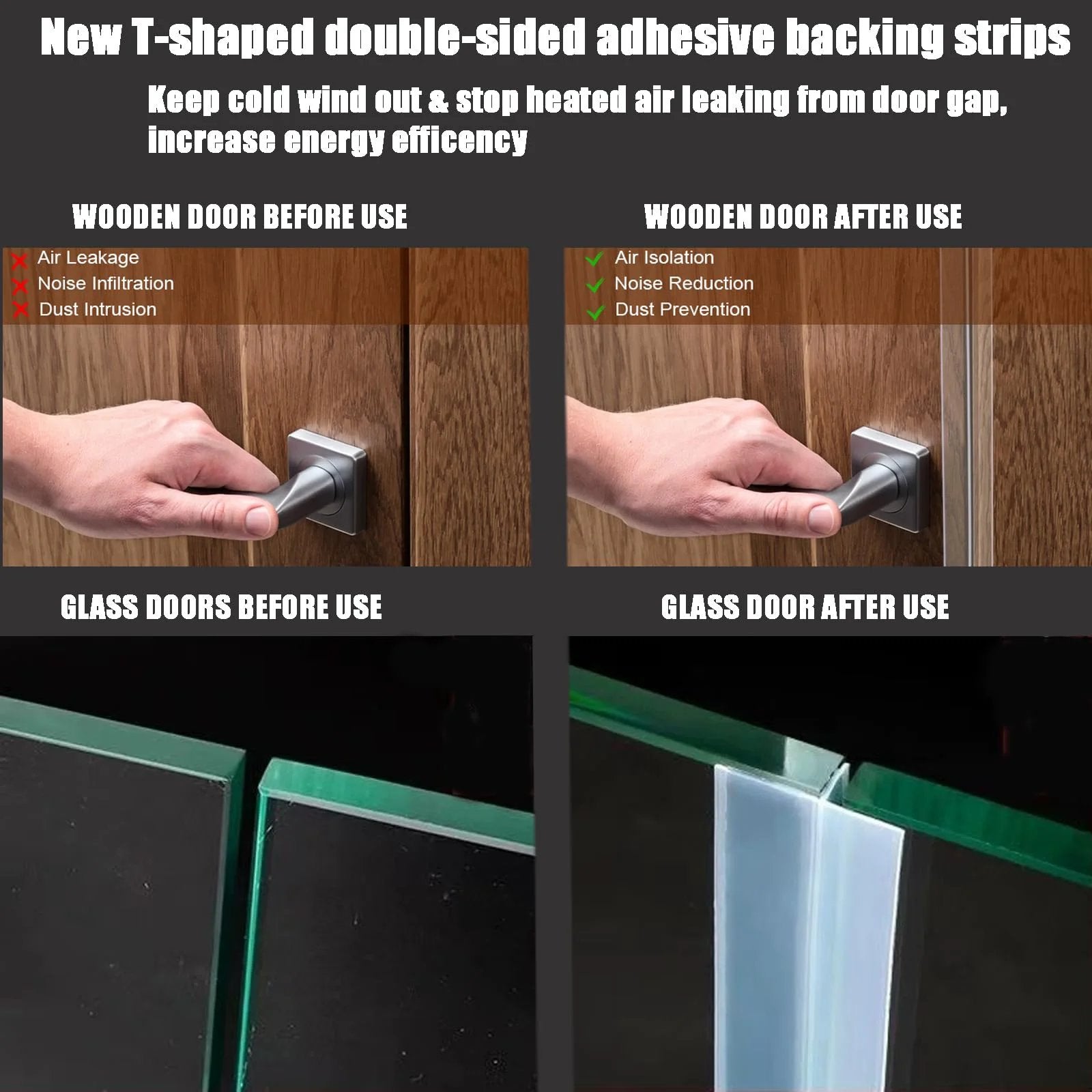 Upgrade T Shaped Door Draft Stopper Clear Silicone Weather Stripping for Side Of Door Frame 1.37 Inches Wide By 20 Feet With Double Sided Adhesive Seal Around Edges keeps drafts out and reduces noise on wood and glass doors.