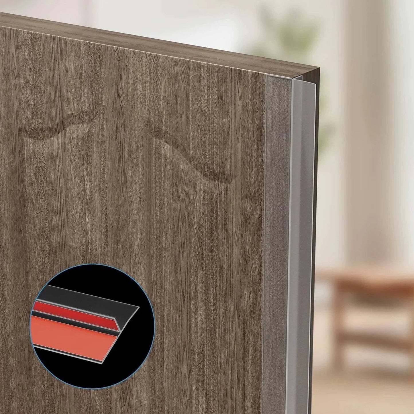 T-Shaped Door Draft Stopper, 1.97 in x 20 Ft Silicone Seal Strip for Windows Gaps shown installed on wooden door edge