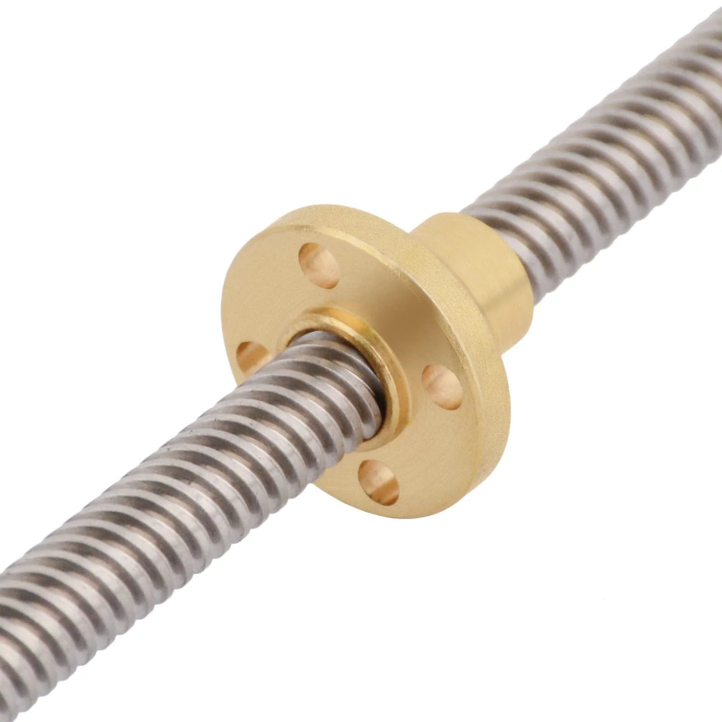 Close-up of 250mm / 9.84inch t8 lead screw with brass nut, part of the 8mm diameter lead screw nut set for CNC and DIY projects.