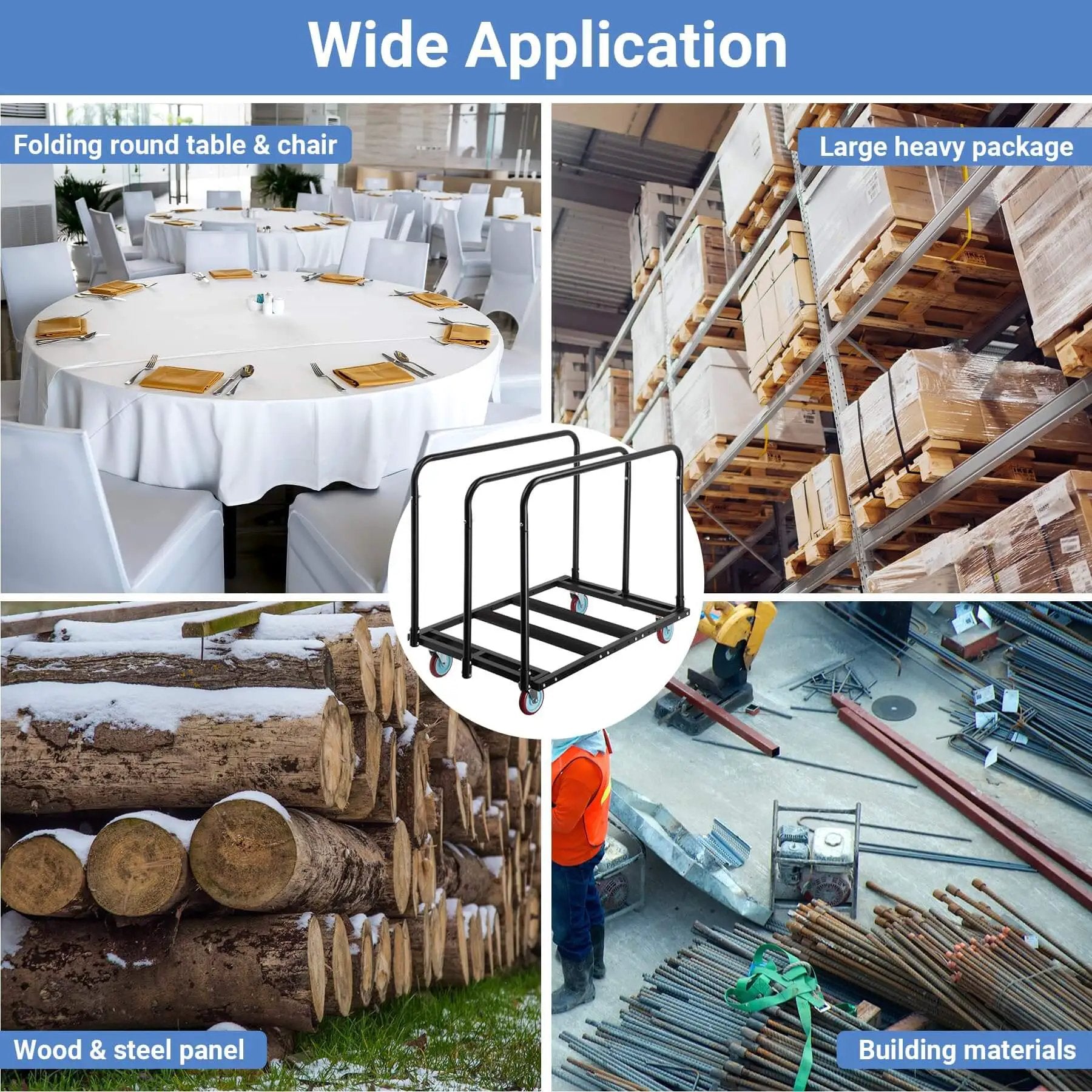 Collage showing Heavy Duty Folding Table Cart With 2000 Lbs Capacity And 10 Tables 5 Inch Swivel Wheels Durable Table Dolly in use at events and warehouses.