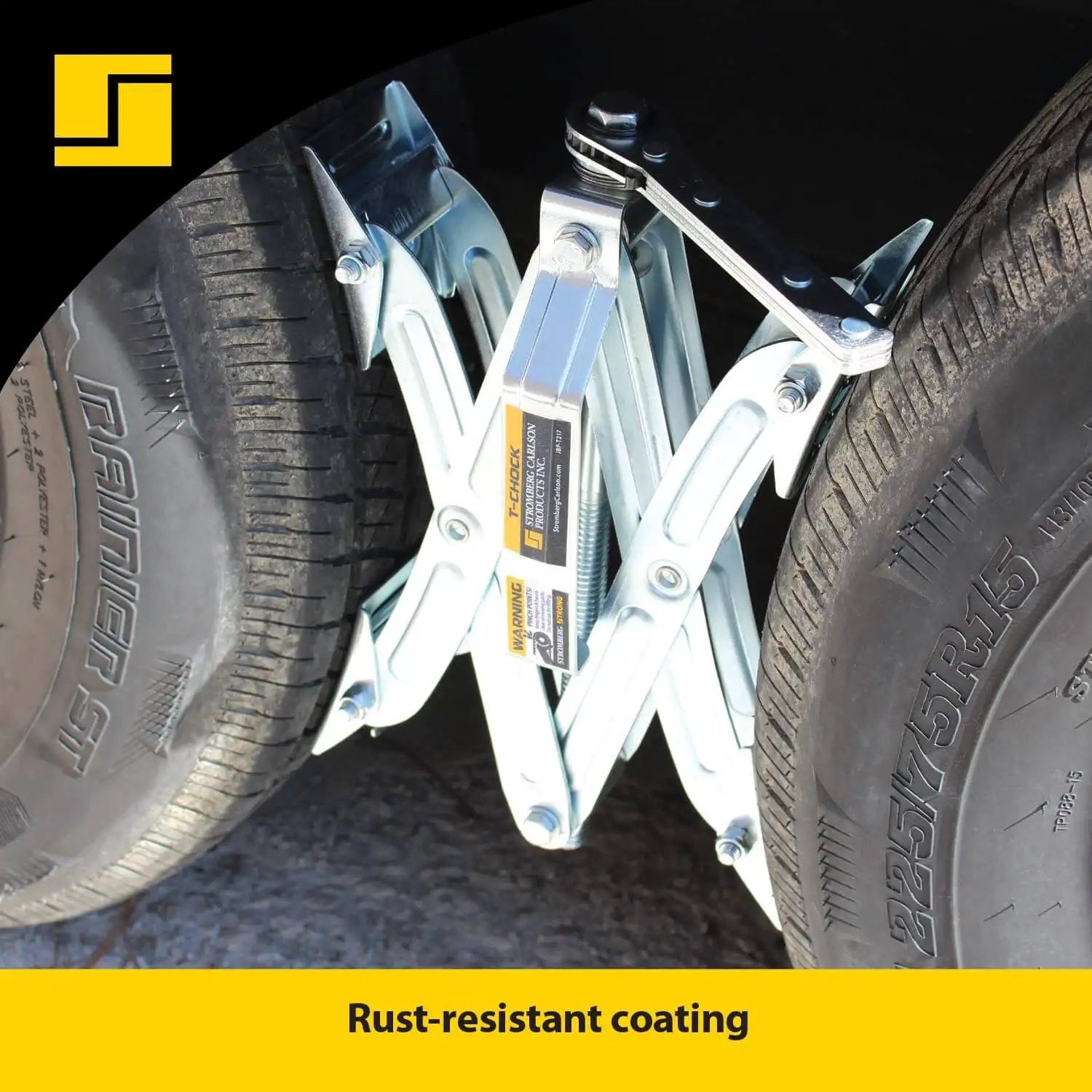 Heavy Duty Tandem Axle RV Wheel Chocks And Tire Stabilizers 2 Pack Keeps Campers Trailers Secure Fits Tires From 2 To 17 Inches Stromberg Carlson installed between two RV wheels