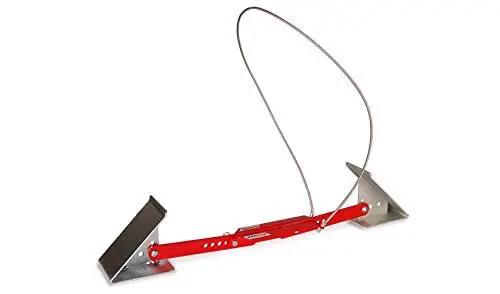 OneStep Wheel Chock Double Pack For Tandem Axle Trailers And RVs, 16 to 24 inch long, shown in red metal with cable handle
