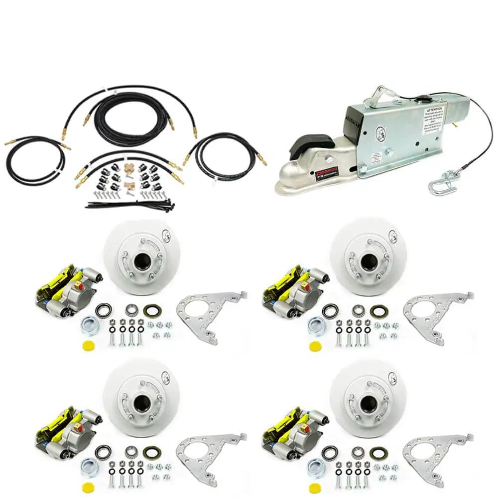 Maxx Hydraulic Disc Brake Kit for Tandem Axle, 3,500 Lb Capacity, Includes Dacromet Calipers, TruRyde Bearings, 8705101 Demco Disc Brake Actuator, Blocking Solenoid, and 20 Ft Hose for Easy Install, components displayed