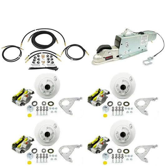 Maxx Hydraulic Disc Brake Kit for Tandem Axle, 3,500 Lb Capacity, Includes Dacromet Calipers, TruRyde Bearings, 8705101 Demco Disc Brake Actuator, Blocking Solenoid, and 20 Ft Hose for Easy Install, components displayed