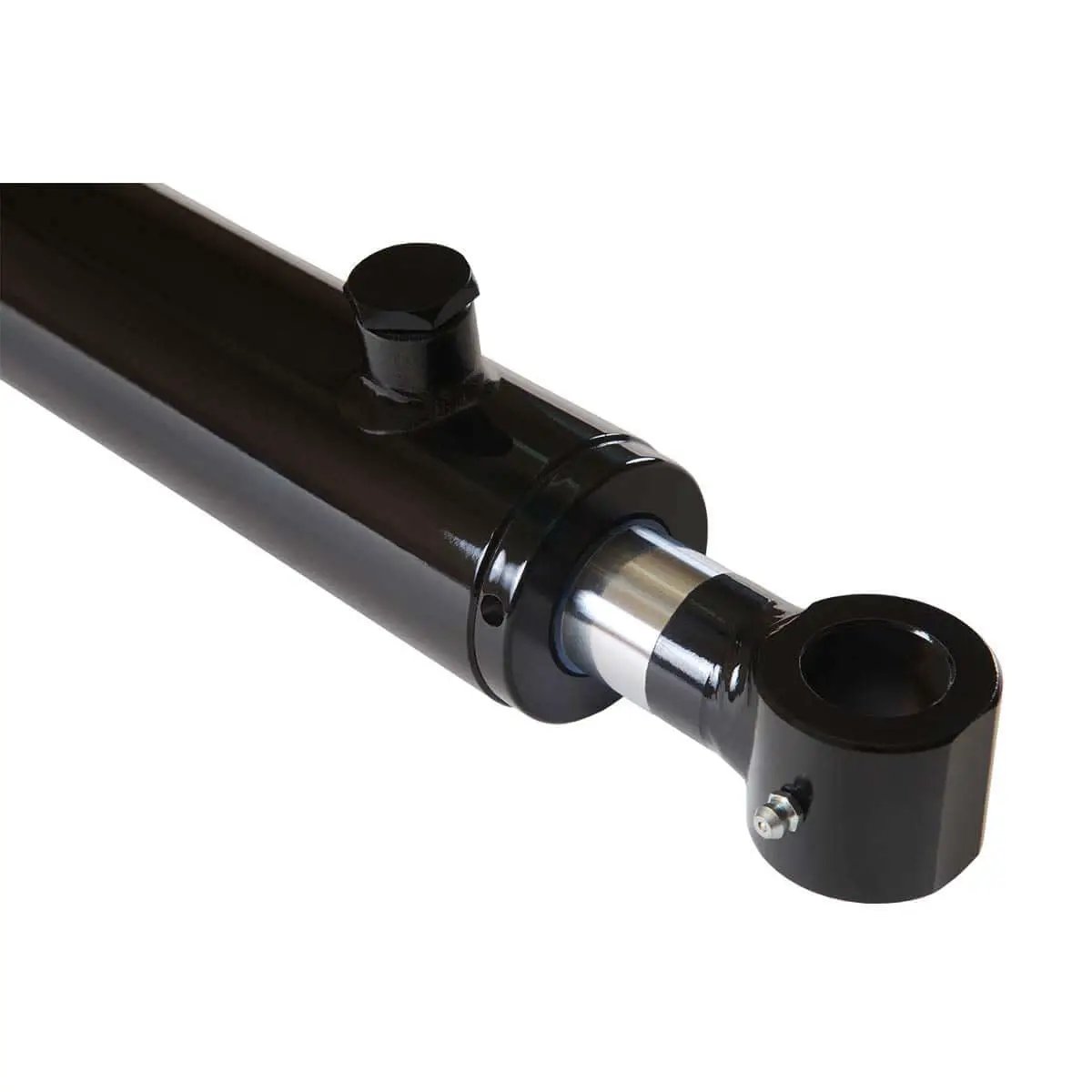 Close-up of Double Acting Hydraulic Cylinder For Tang Style Universal Systems Magister Hydraulics 2 Inch Bore 16 Inch Stroke Welded Construction