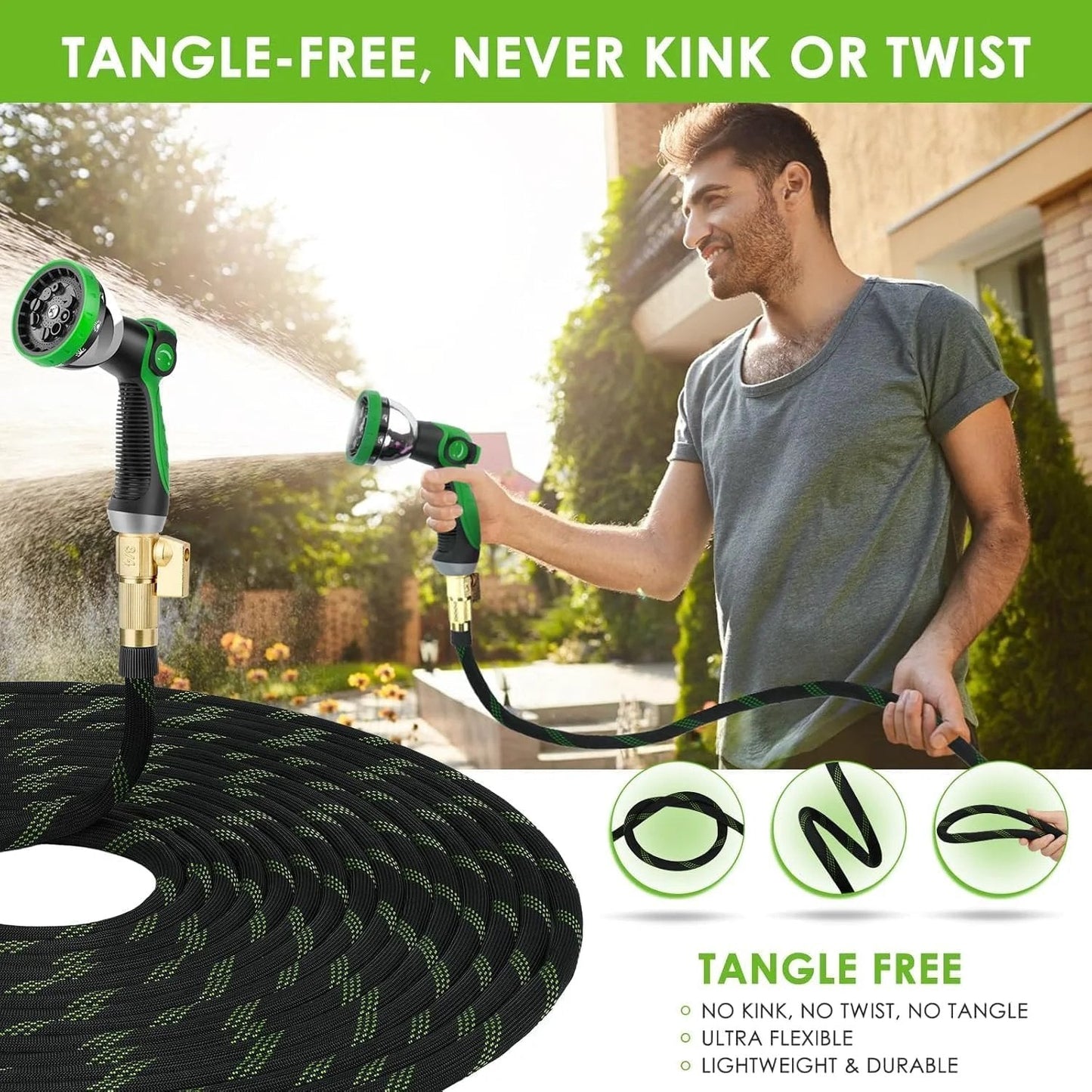Non Expandable Garden Hose 150 Ft Ultra Lightweight And Flexible Water Hose With 10 Pattern Spray Nozzle in use outdoors.