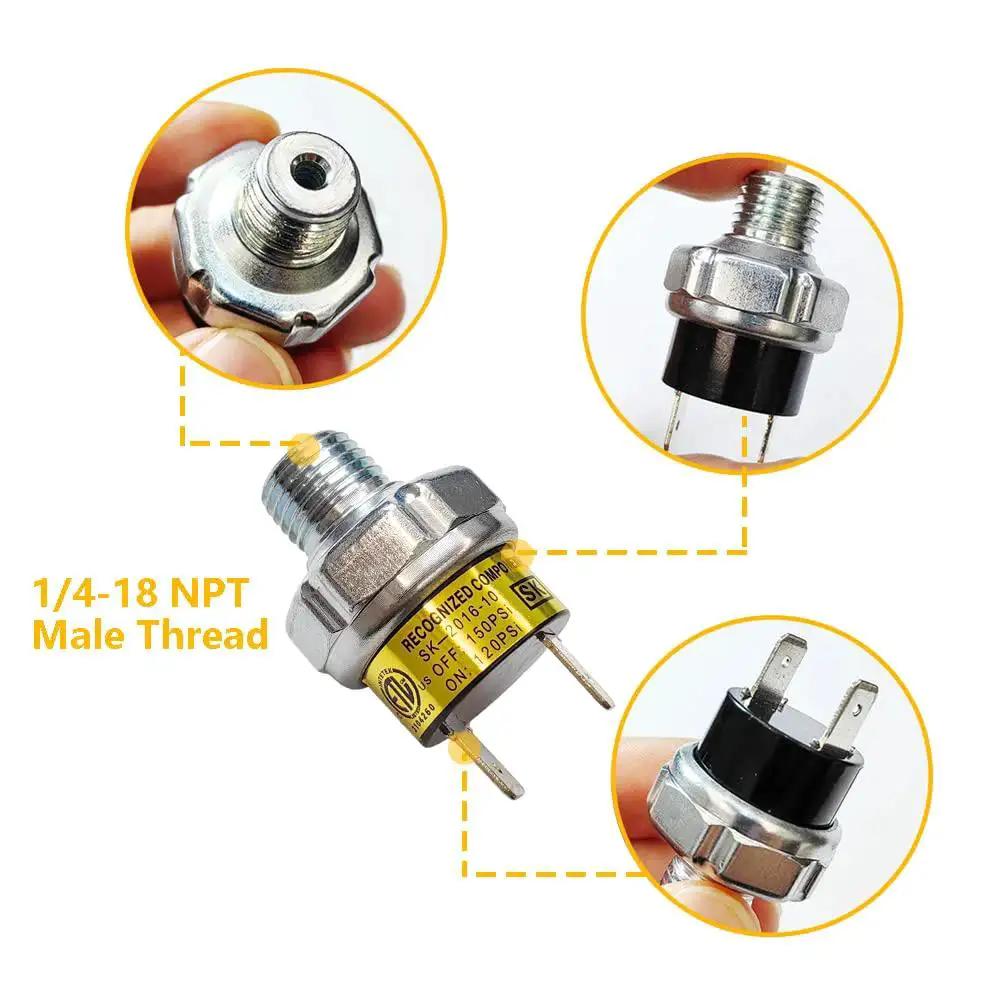 Tank Mount Air Pressure Switch for 120 to 150 PSI with 1/4 NPT threads, DC 12/24V, up to 20A, shown in close-up view.