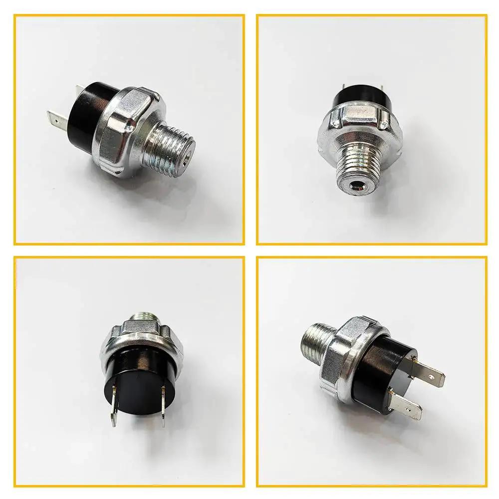 Four views of Tank Mount Air Pressure Switch for 120 to 150 PSI with 1/4 NPT threads, DC 12/24V, up to 20A, metal and plastic body