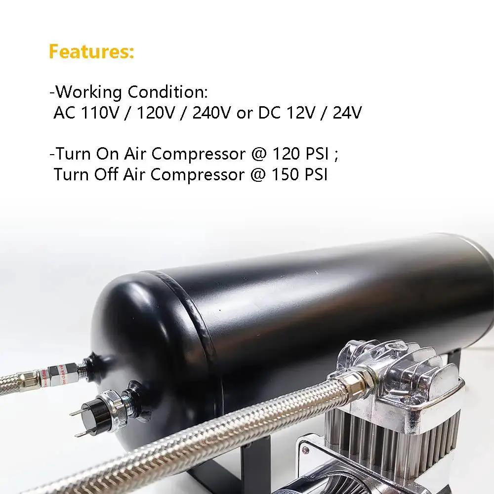 Tank Mount Air Pressure Switch for 120 to 150 PSI with 1/4 NPT threads, DC 12/24V, up to 20A, compressor setup side view