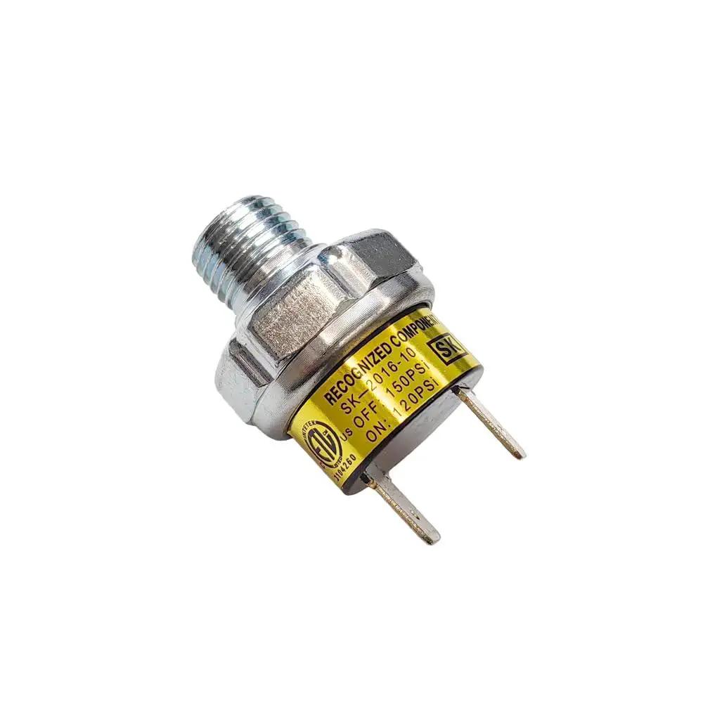 Side view of a Tank Mount Air Pressure Switch for 120 to 150 PSI with 1/4 NPT threads, DC 12/24V, up to 20A for pneumatic systems.