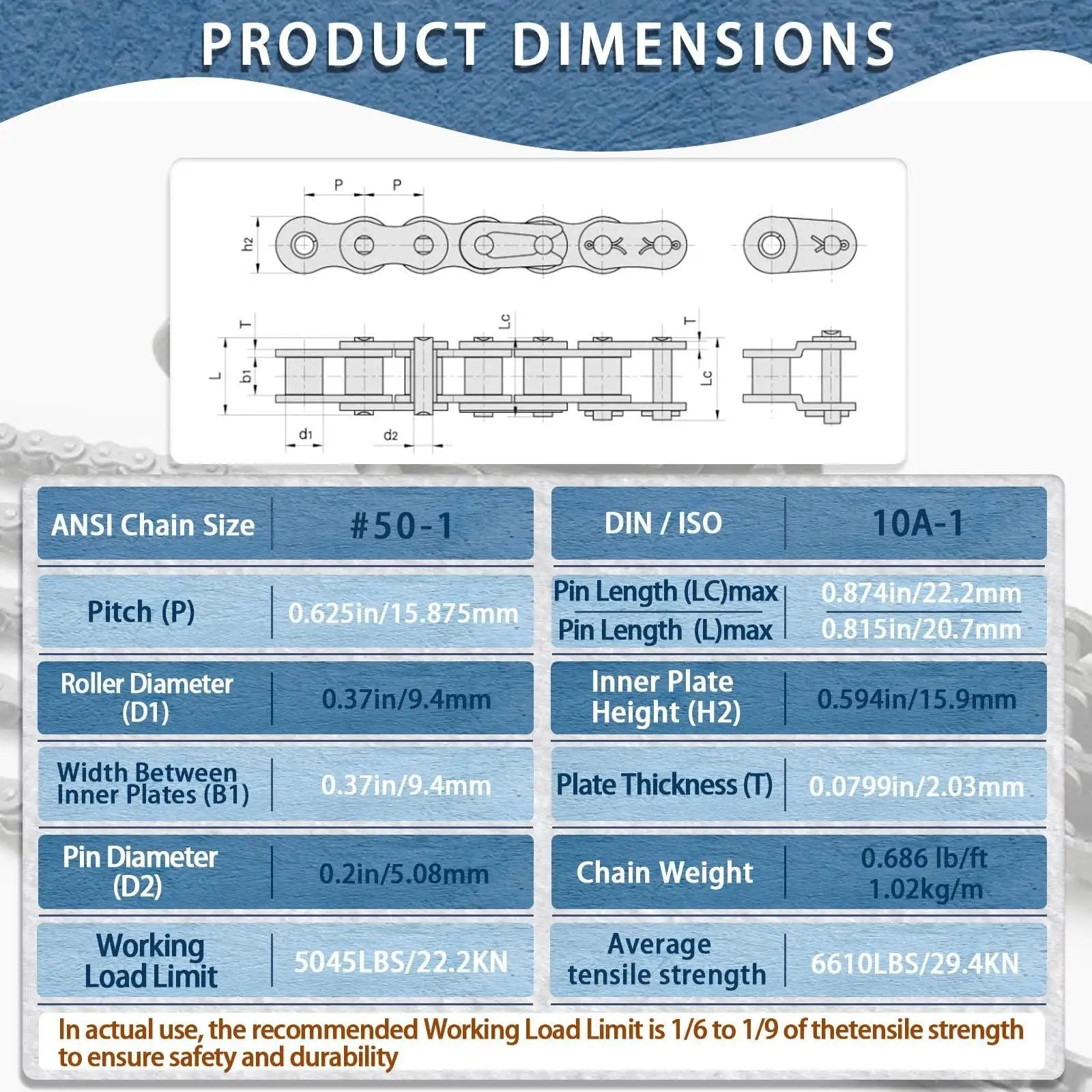 Product dimensions for 50 Tooth Taper Lock Idler Sprocket Kit, ANSI and DIN measurements, includes chain size, pitch, and tensile strength.
