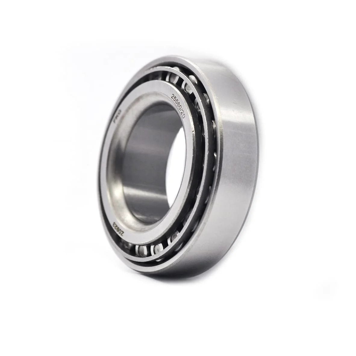 Side view of 25580/25520 Tapered Roller Bearing Cup and Cone Set, Set of 4 showing metal construction and bearings