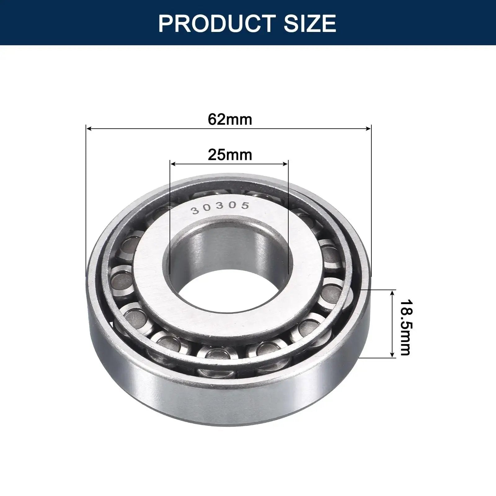 Compact, pre lubricated tapered roller bearing cone cup set with 25mm bore, 62mm OD, 18.5mm thick, model 30305, chrome steel GCr15.