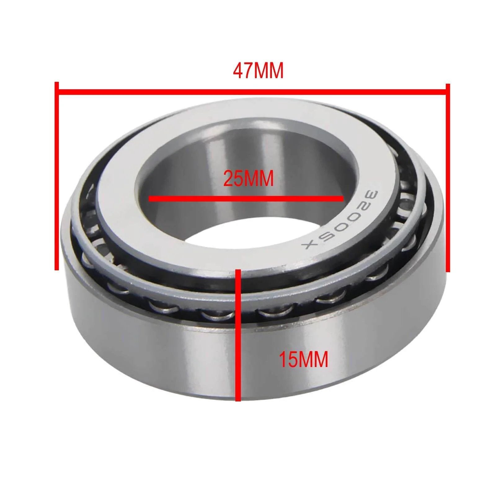 Close-up view of 32005X Tapered Roller Bearing Cone Set, 25mm Bore 47mm OD 15mm Thickness 2PCS with dimensions labeled