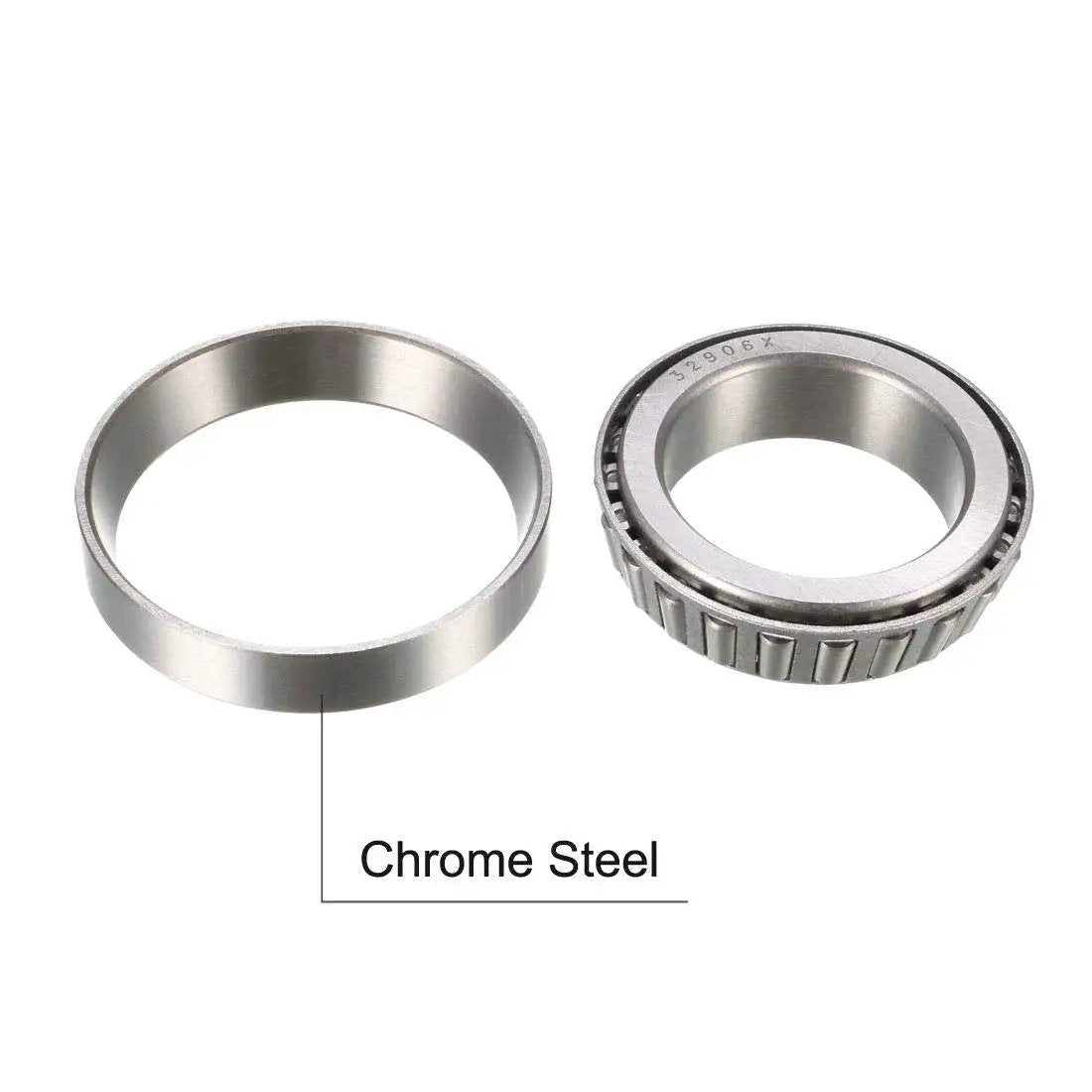 Set of two tapered roller bearing cones and cups, 30mm bore, 47mm outer diameter, 12mm width, chrome steel components.