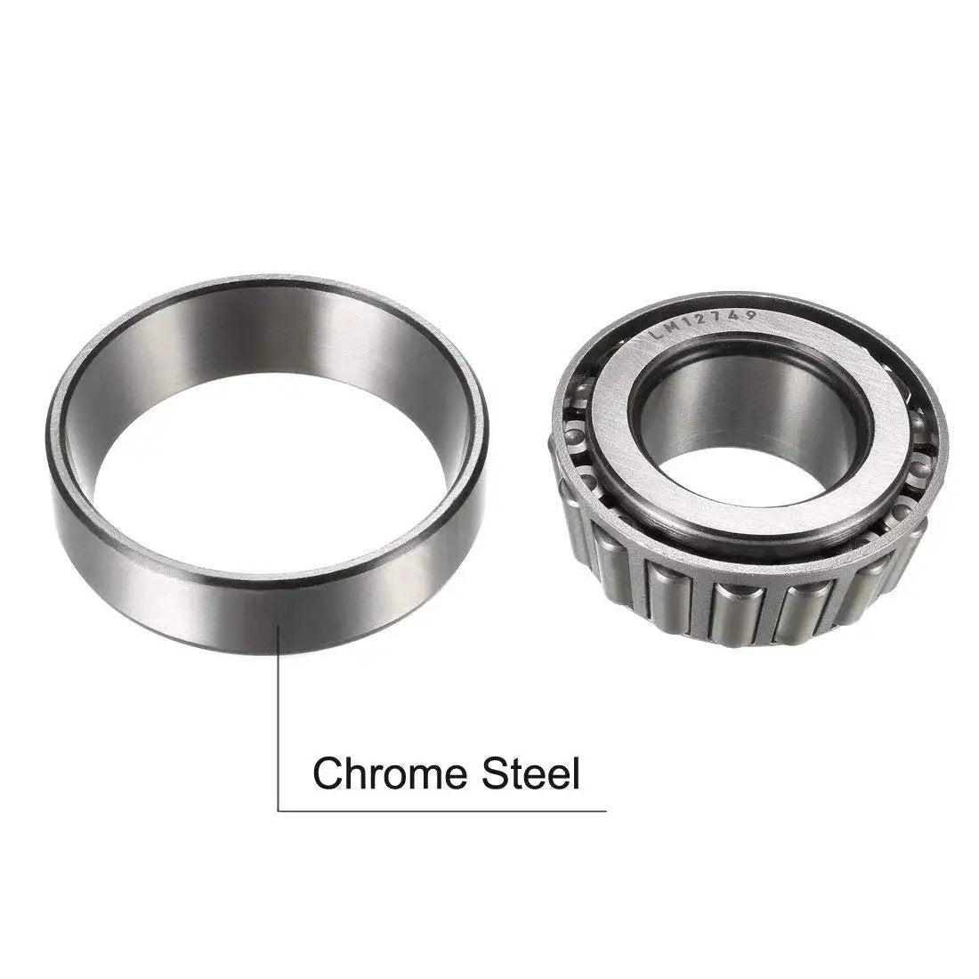 Single Row Tapered Roller Bearing Cone and Cup Set, chrome steel, front view showcasing bore and OD specs for machinery use.