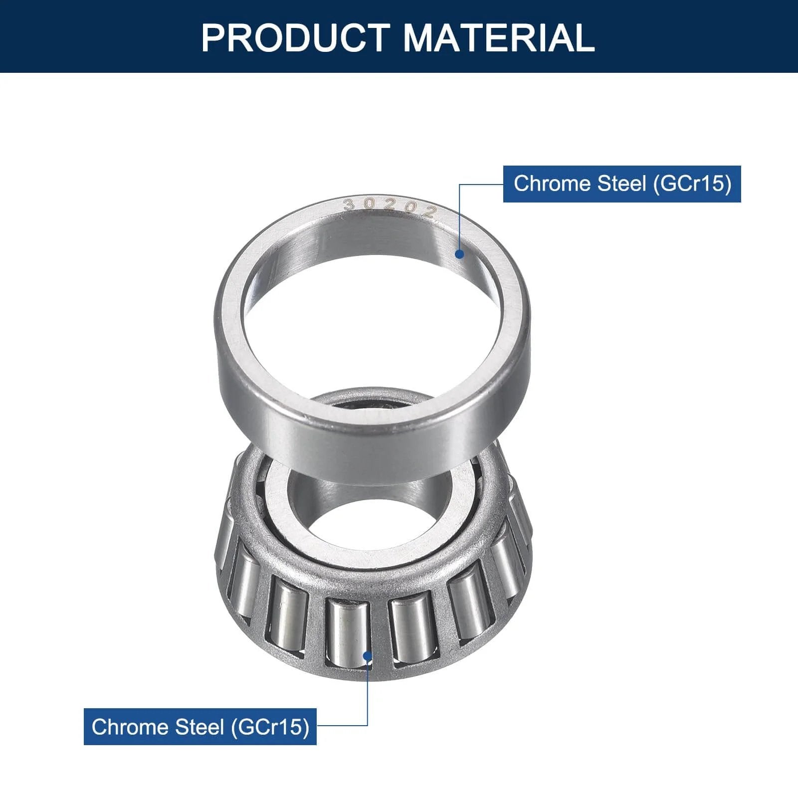 2 Pack 30202 Tapered Roller Bearing Cone and Cup Set, 15mm Bore 35mm OD 12mm Cup Width, Chrome Steel, ABEC-3, material view