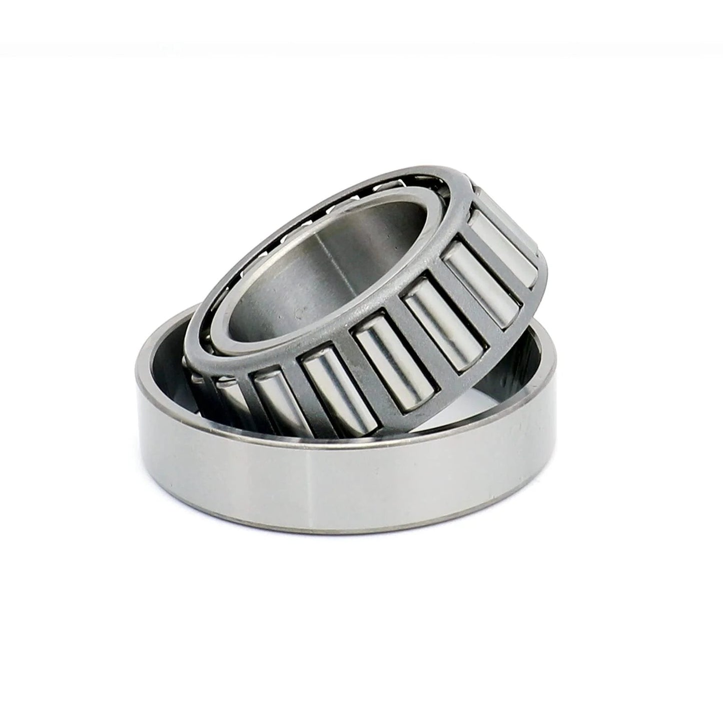 25580/25520 Tapered Roller Bearing Cup and Cone Set, Set of 4, close-up view of steel components on white background