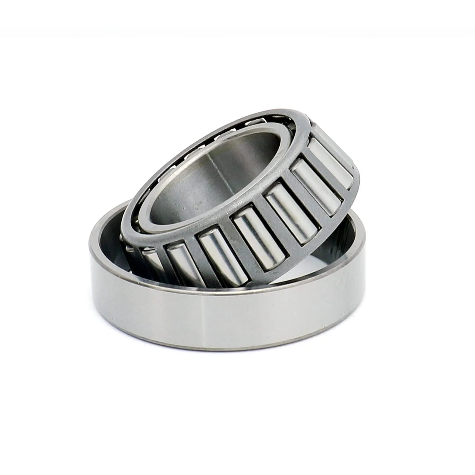 25580/25520 Tapered Roller Bearing Cup and Cone Set, Set of 4, close-up view of steel components on white background