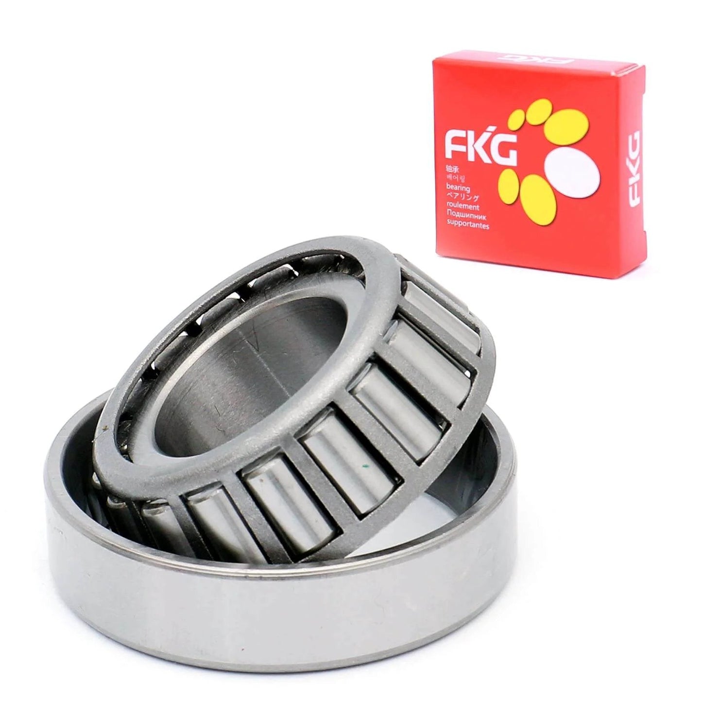 25580/25520 Tapered Roller Bearing Cup and Cone Set, two-piece assembly with visible roller bearings and branded packaging in background