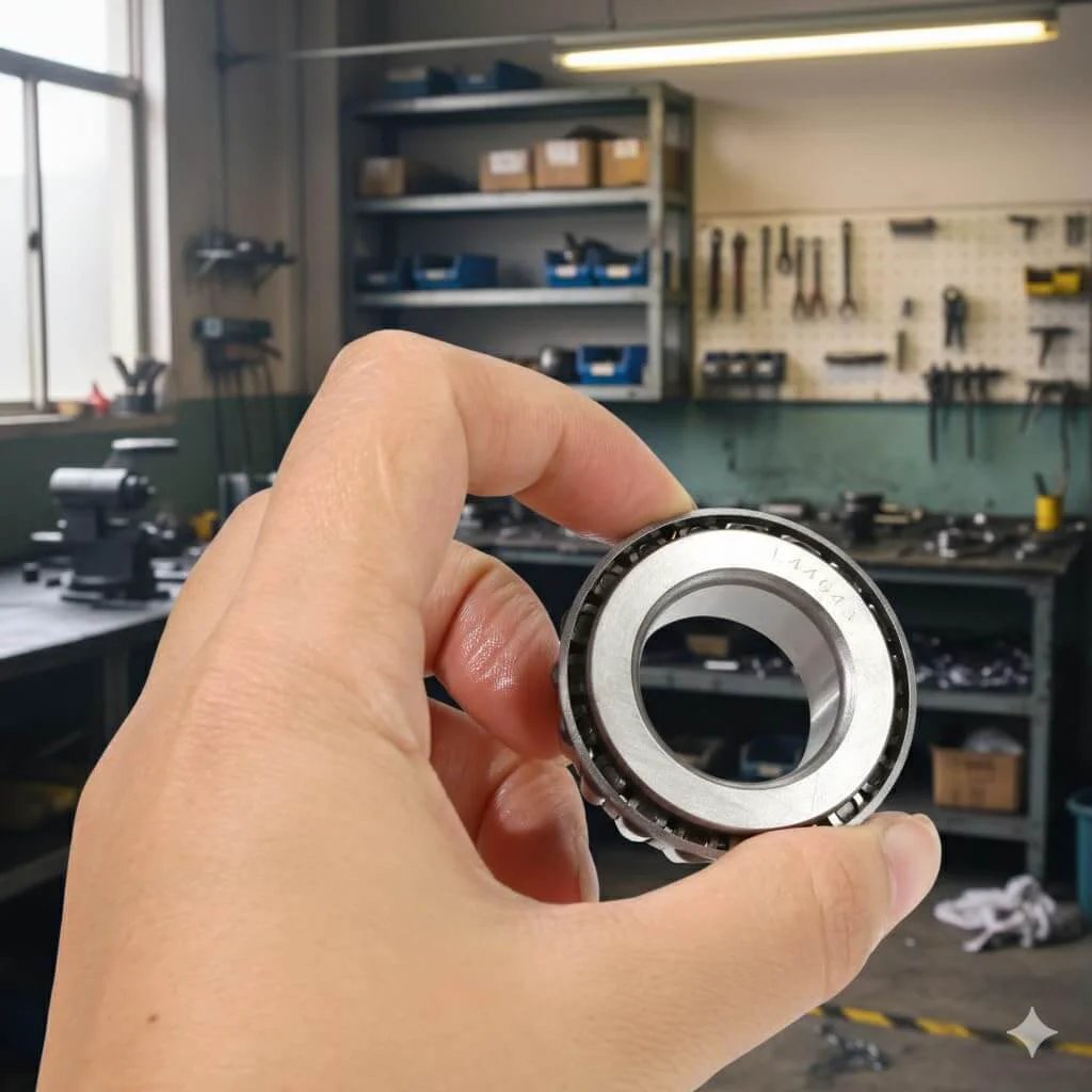 Hand holding L44643/L44610 Tapered Roller Bearing Cone and Cup, 1.0000" Bore x 1.9800" OD in workshop setting