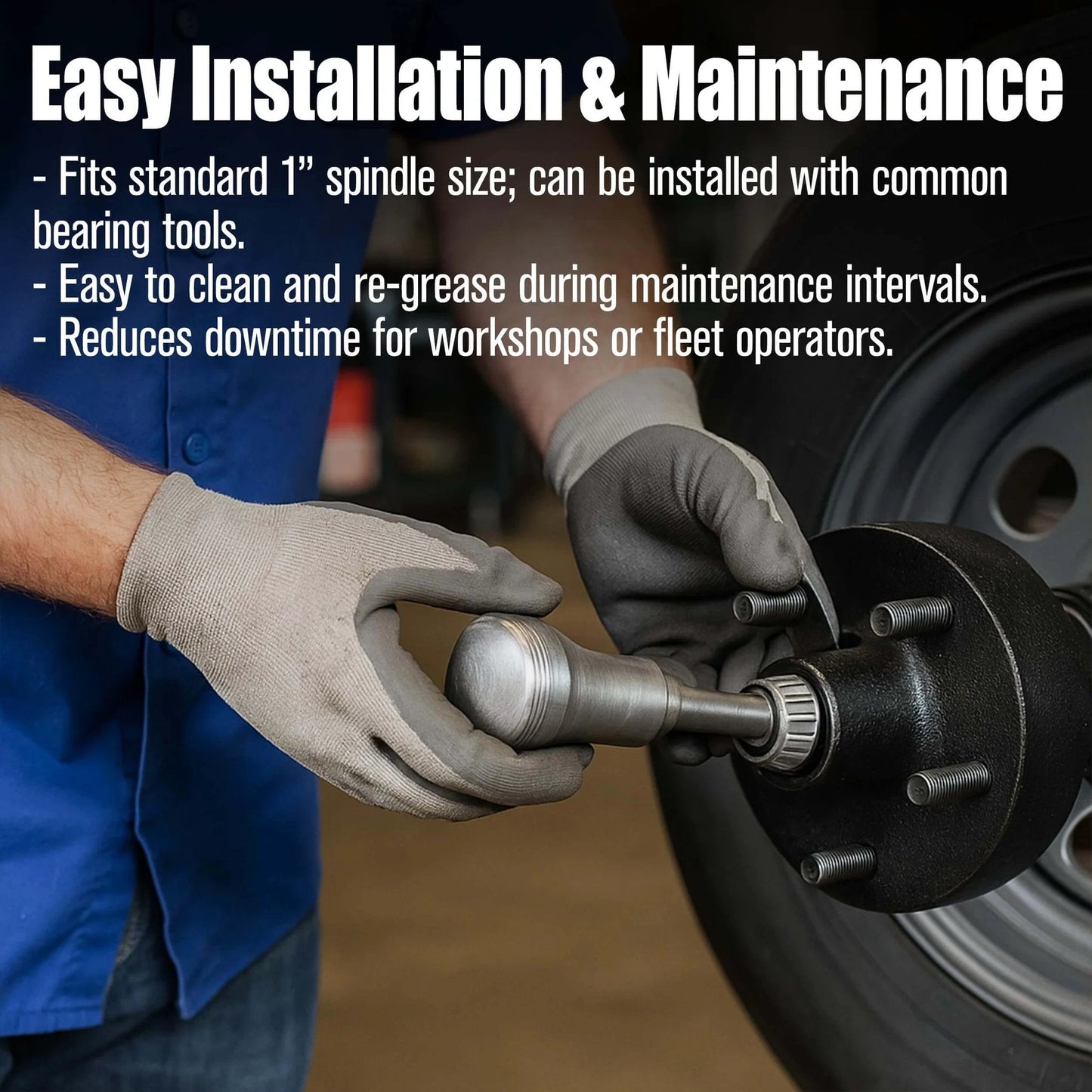 Mechanic installing L44643/L44610 Tapered Roller Bearing Cone and Cup, 1.0000" Bore x 1.9800" OD x 0.5906" Thick Chrome Steel Taper Set on trailer wheel.