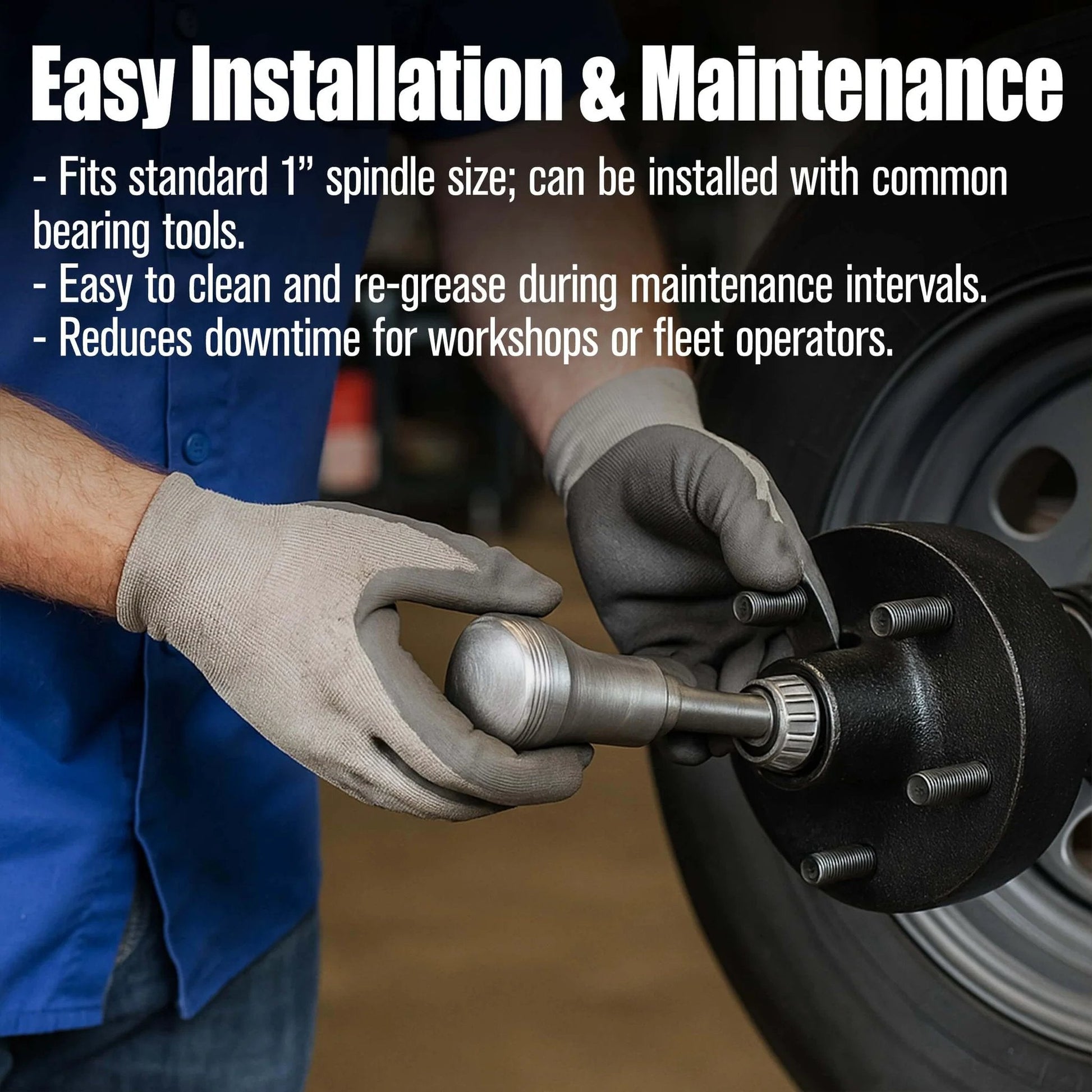 Mechanic installing L44643/L44610 Tapered Roller Bearing Cone and Cup, 1.0000" Bore x 1.9800" OD x 0.5906" Thick Chrome Steel Taper Set on trailer wheel.