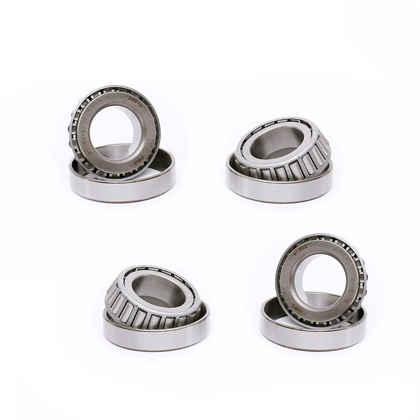 Tapered Roller Bearing LM67048 LM67010, Set of 4, arranged in pairs showing outer ring and inner components, OE-grade for automotive use.