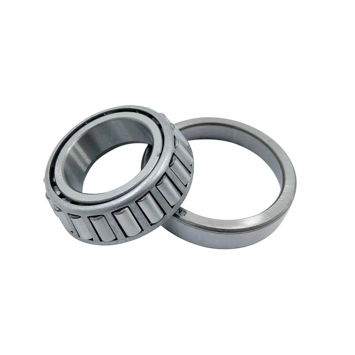 Tapered Roller Bearing LM67048 LM67010 1-1/4'' for 5000-6000 Axles, Set of 4 shown in silver metal, close-up view.