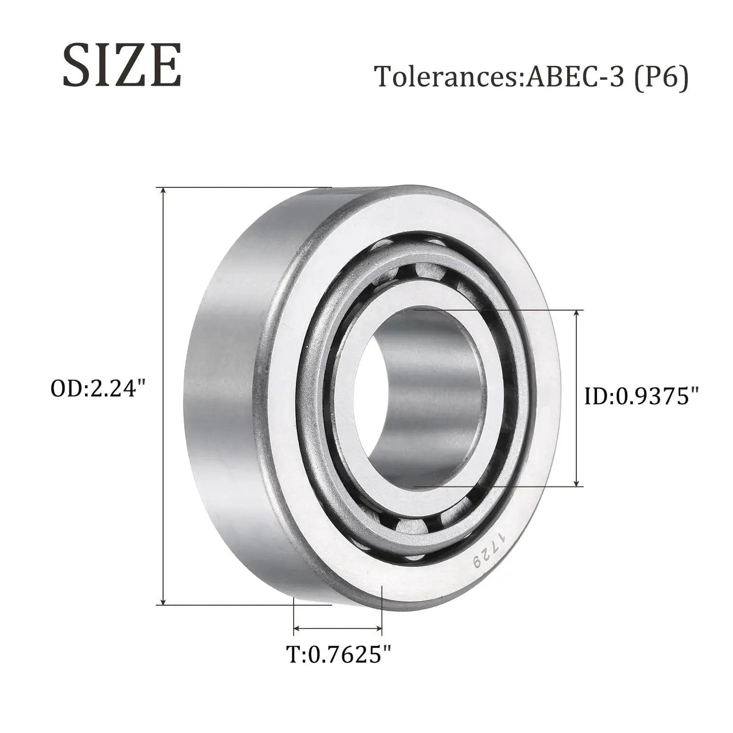 High load chrome steel tapered roller bearing cone and cup set provides reliable, smooth operation for heavy duty use, ABEC 3, size diagram