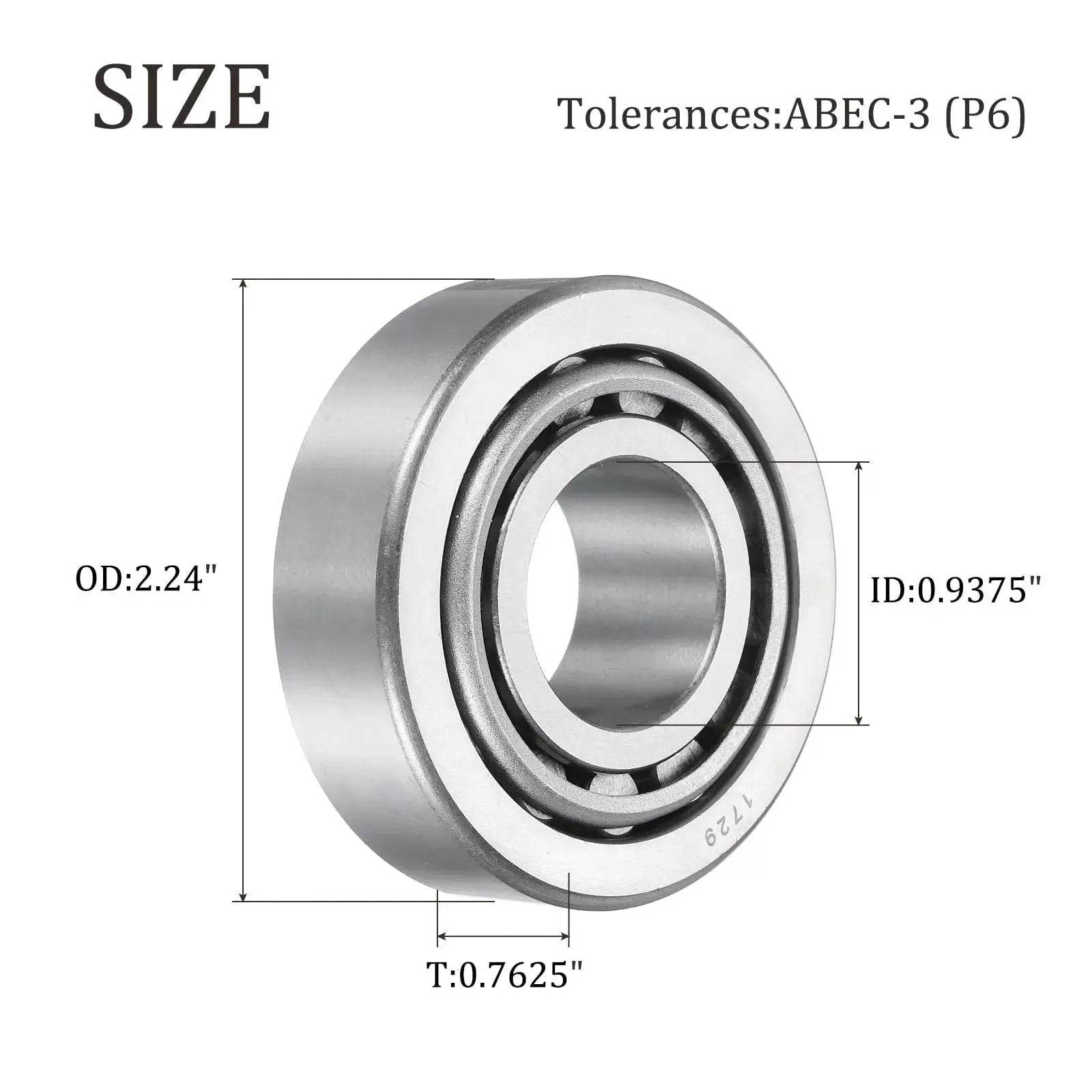 High load chrome steel tapered roller bearing cone and cup set provides reliable, smooth operation for heavy duty use, ABEC 3, size diagram