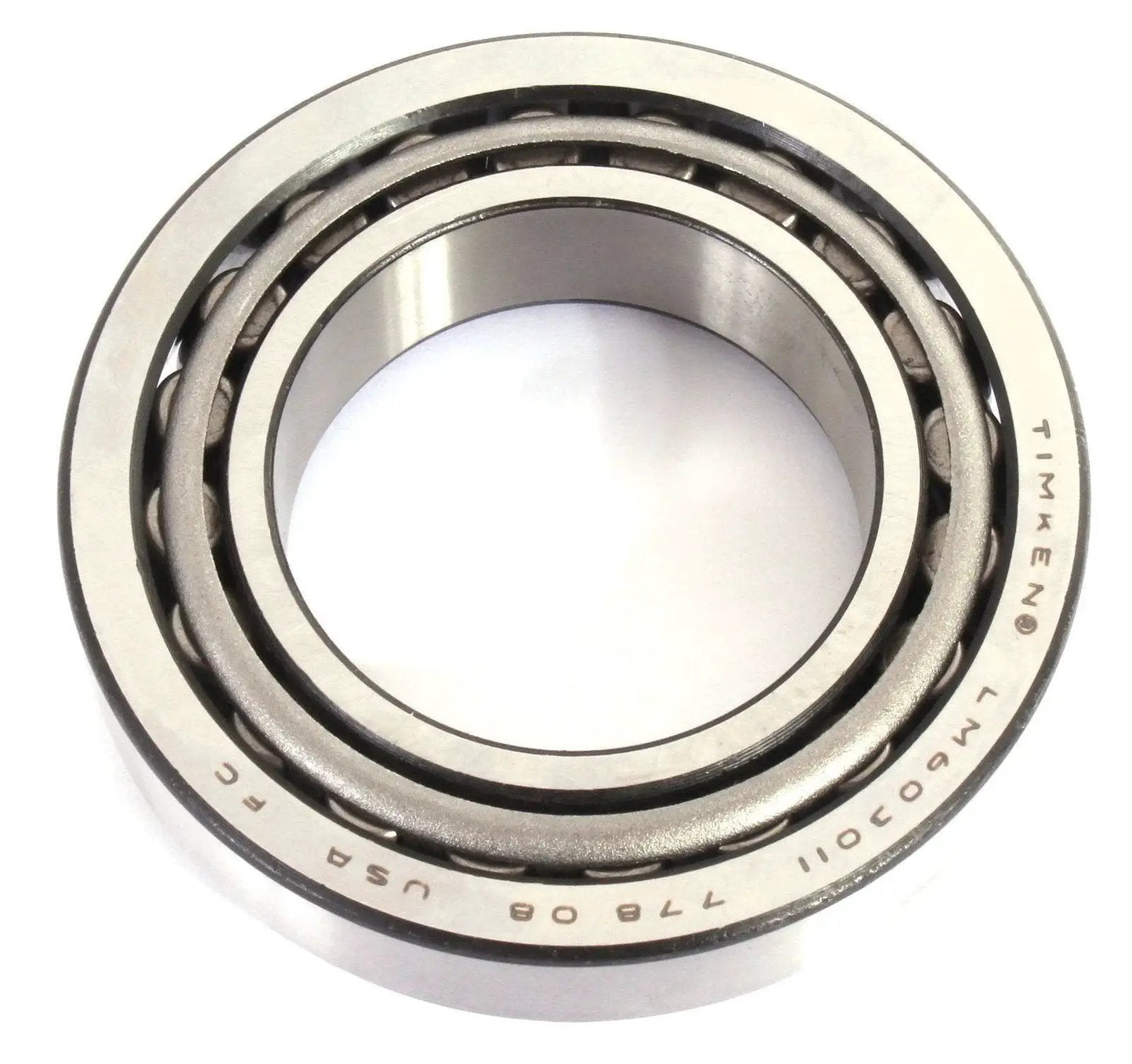 Two piece cone and cup tapered roller bearing set LM603049 LM603011 shown in a side view orientation.