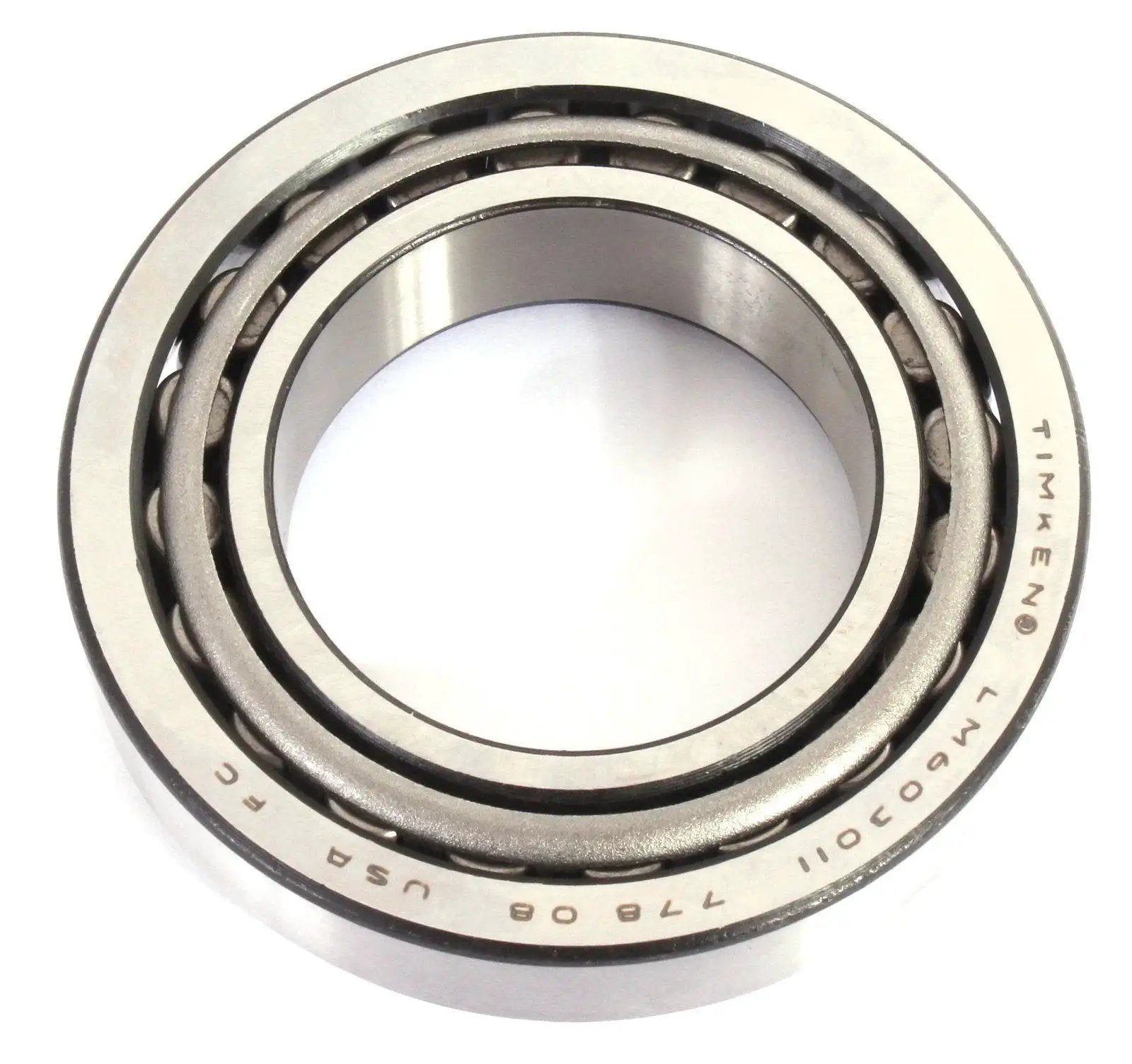 Two piece cone and cup tapered roller bearing set LM603049 LM603011 shown in a side view orientation.