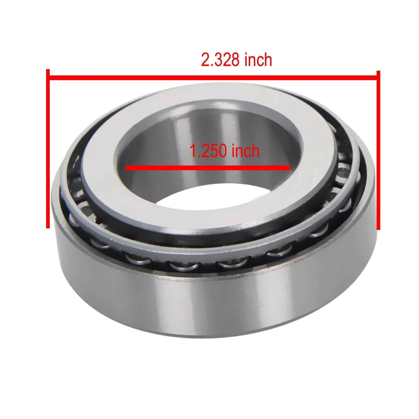 Close-up of LM67048 LM67010, ID 1.250" x OD 2.328" SET6 Tapered Roller Bearings, showing dimensions on metal bearings